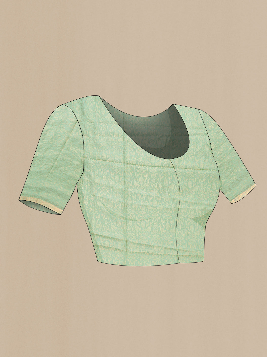Close up image of the blouse of Light Green Dual Tone Georgette Saree with Plain Body and Zari Border. 