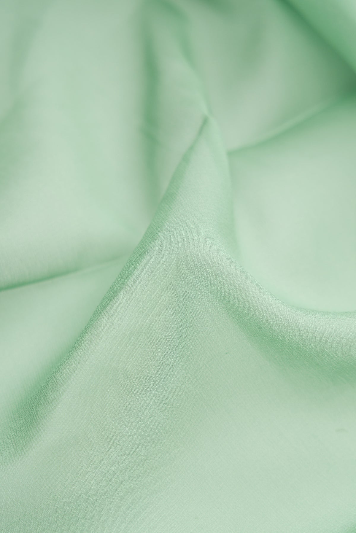 Close up of Light Green Dual Tone Georgette Saree with Plain Body and Zari Border.  displaying folds