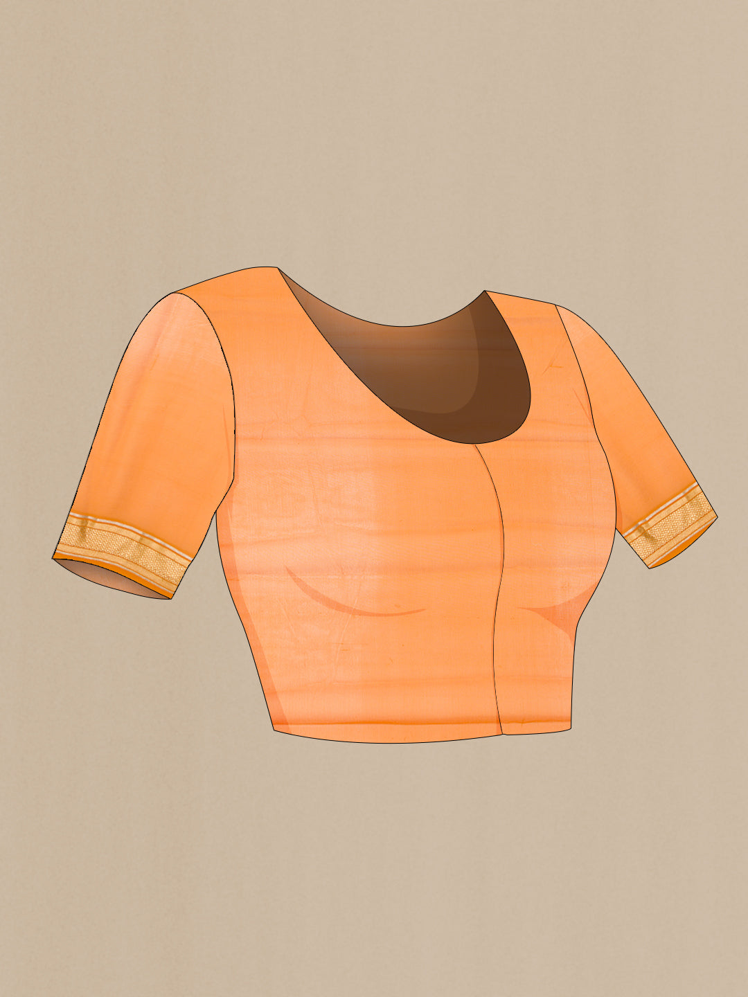 Close up image of the blouse of Mustard Dual Tone Mysore Georgette Saree with Zari Butta on the body and Zari Border. 