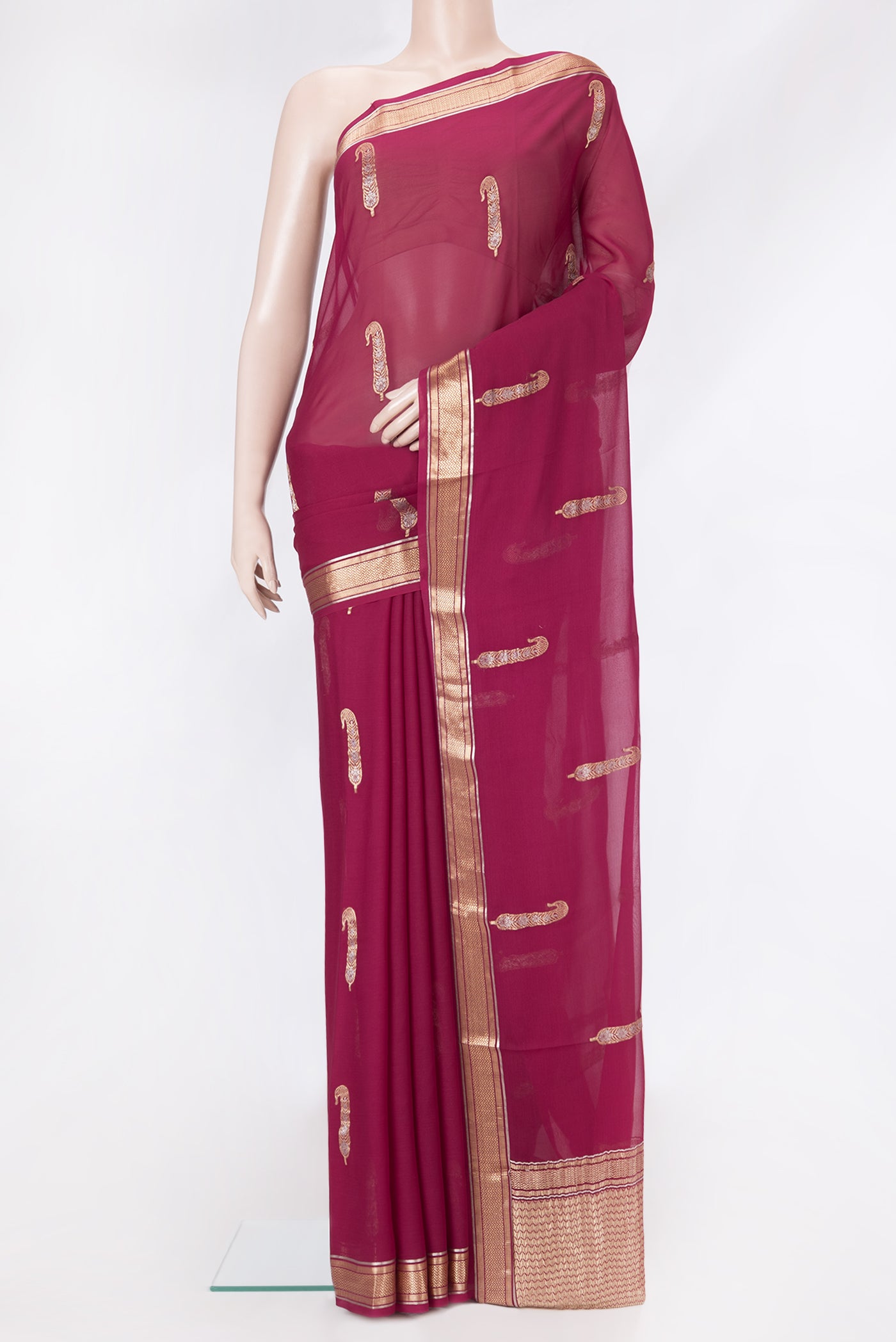 Magenta Dual Tone Mysore Georgette Saree with Zari Butta on the body and Zari Border.  displayed on a mannequin