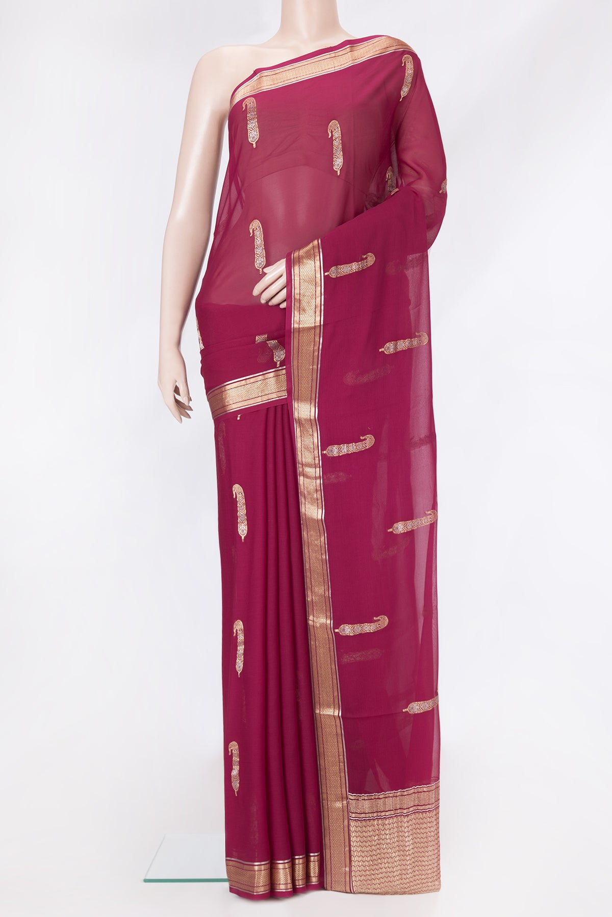 Magenta Dual Tone Mysore Georgette Saree with Zari Butta on the body and Zari Border.  displayed on a mannequin