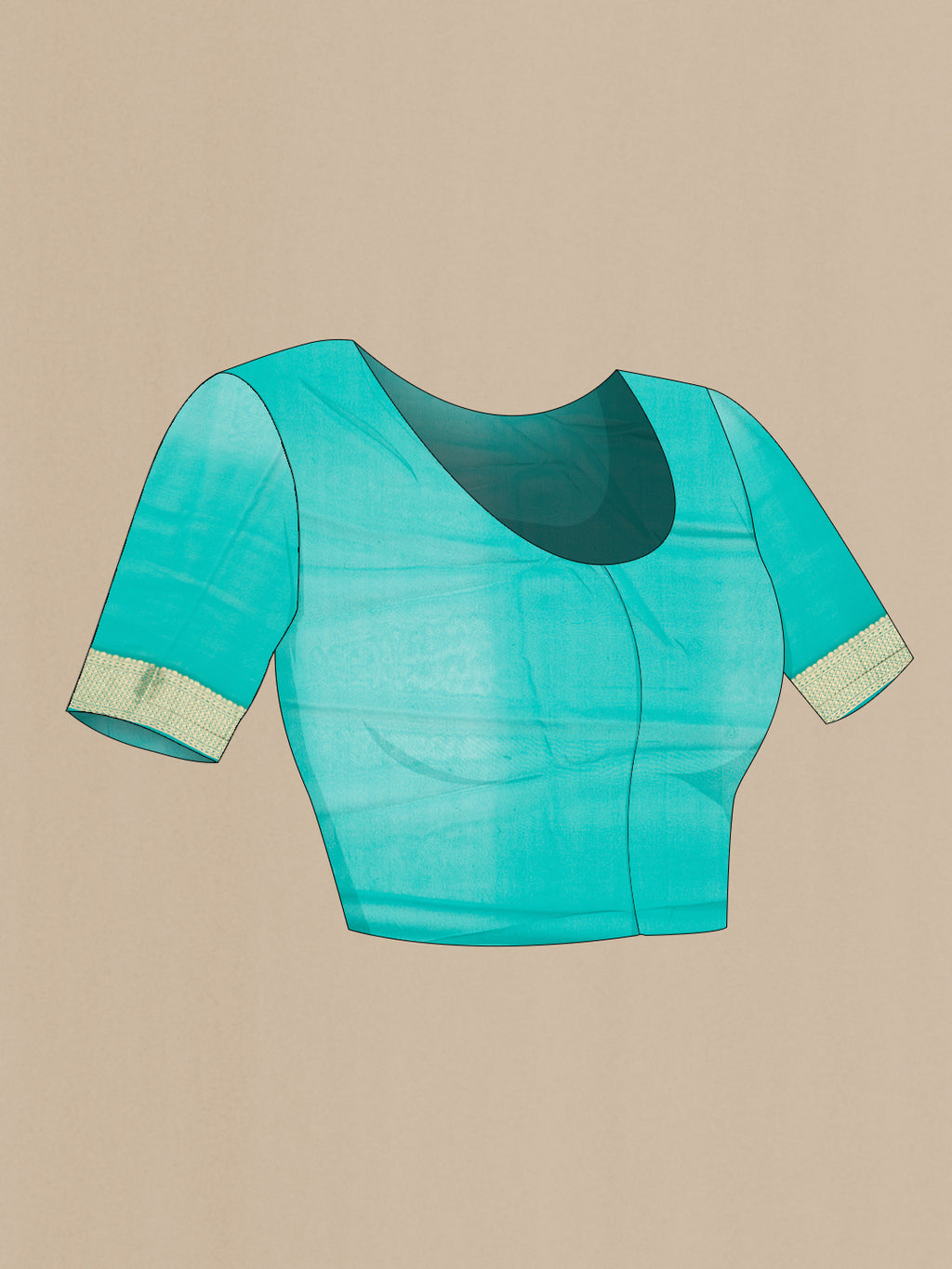 Close up image of the blouse of Peacock Blue Mysore Georgette Saree with Zari Butta on the body and Zari Border. 