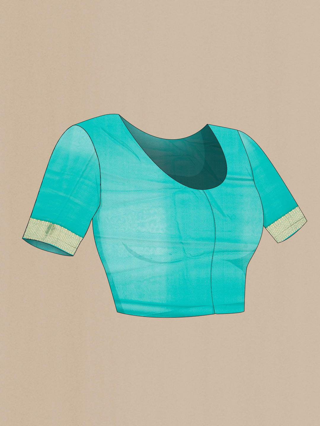 Close up image of the blouse of Peacock Blue Mysore Georgette Saree with Zari Butta on the body and Zari Border. 