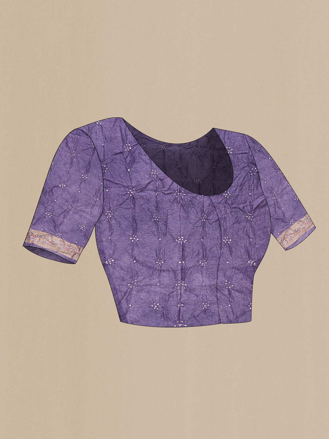 Close up image of the blouse of Lavender Blended Bandhani Silk Saree with Bandhani Print on the body and Zari Border. 