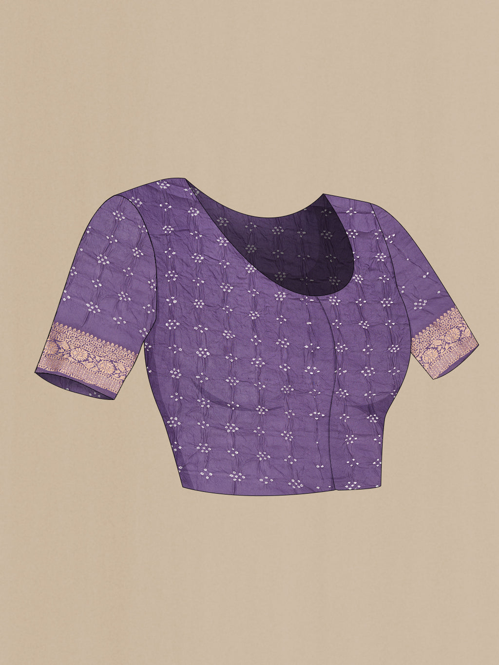 Close up image of the blouse of Lavender Bandhani Silk Saree with Bandhani Print on the body and Zari Border. 
