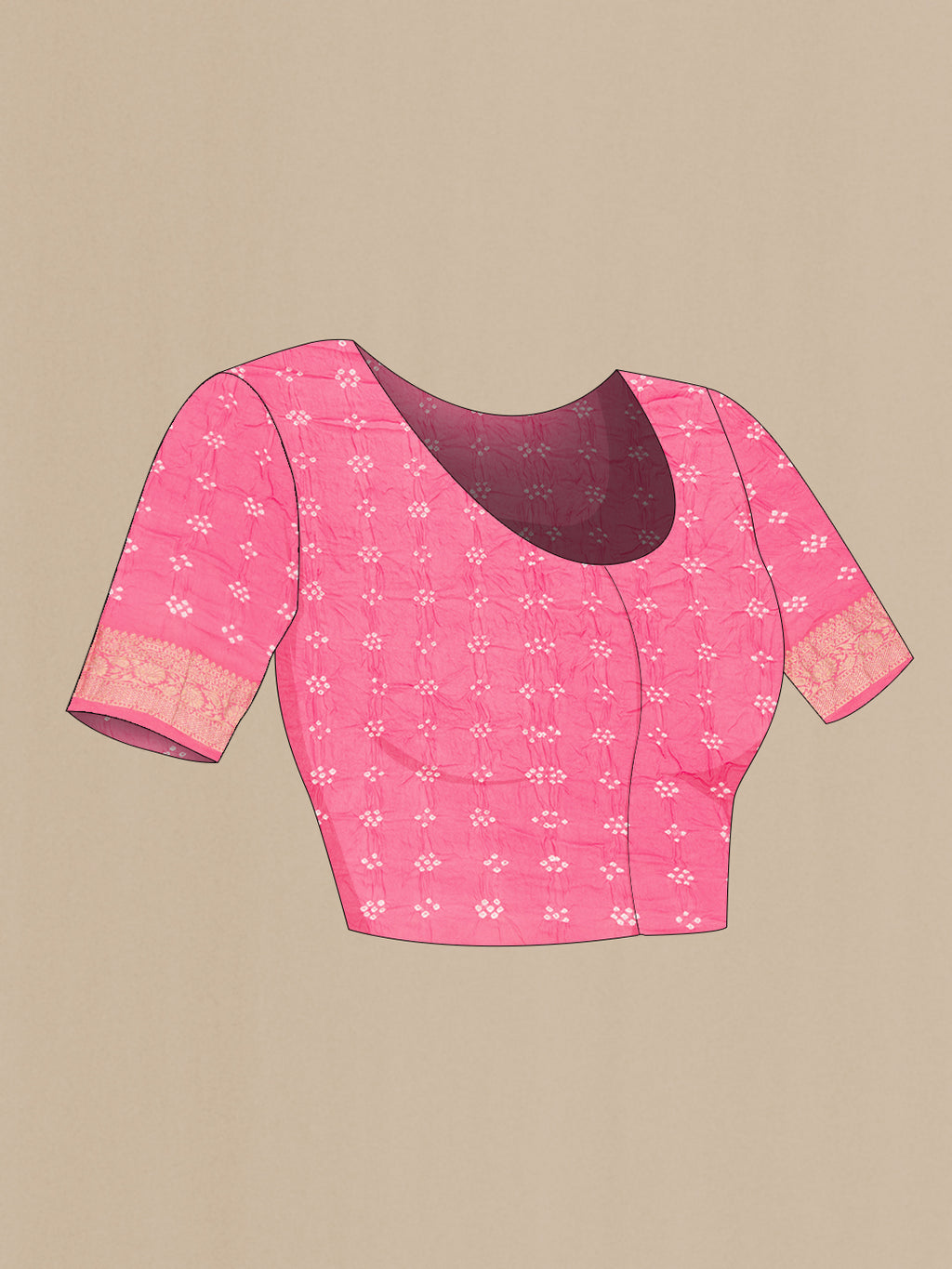 Close up image of the blouse of Pink Dual Tone Bandhani Silk Saree with Bandhani Print on the body and Zari Border. 