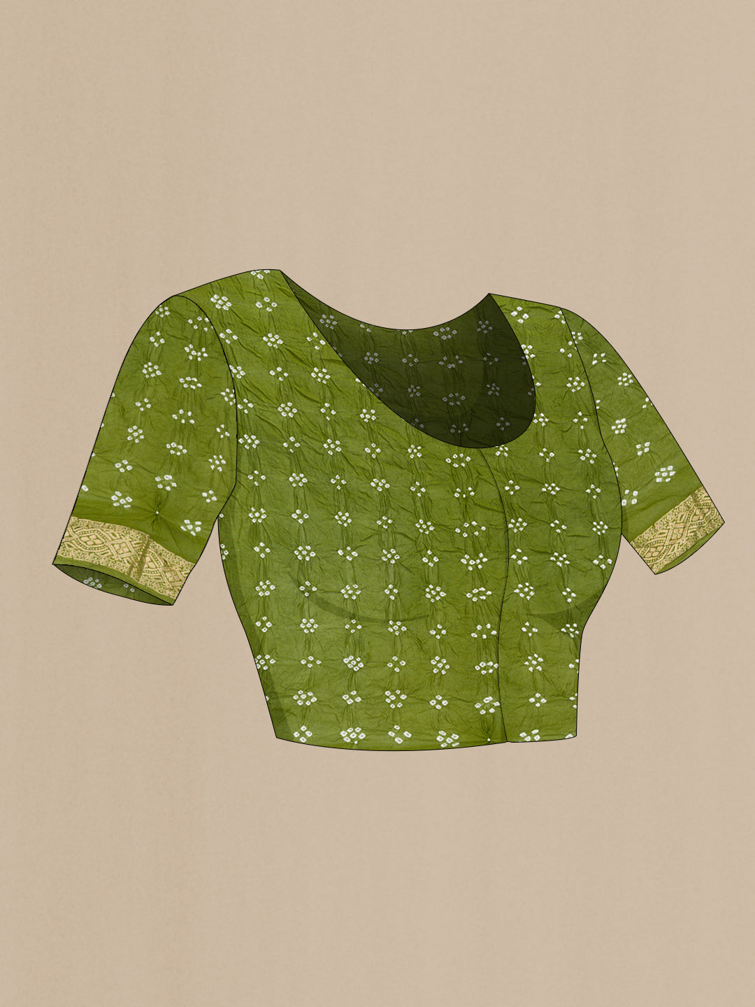 Close up image of the blouse of Mehandi Green Dual Tone Bandhani Silk Saree with Bandhani Print on the body and Zari Border. 