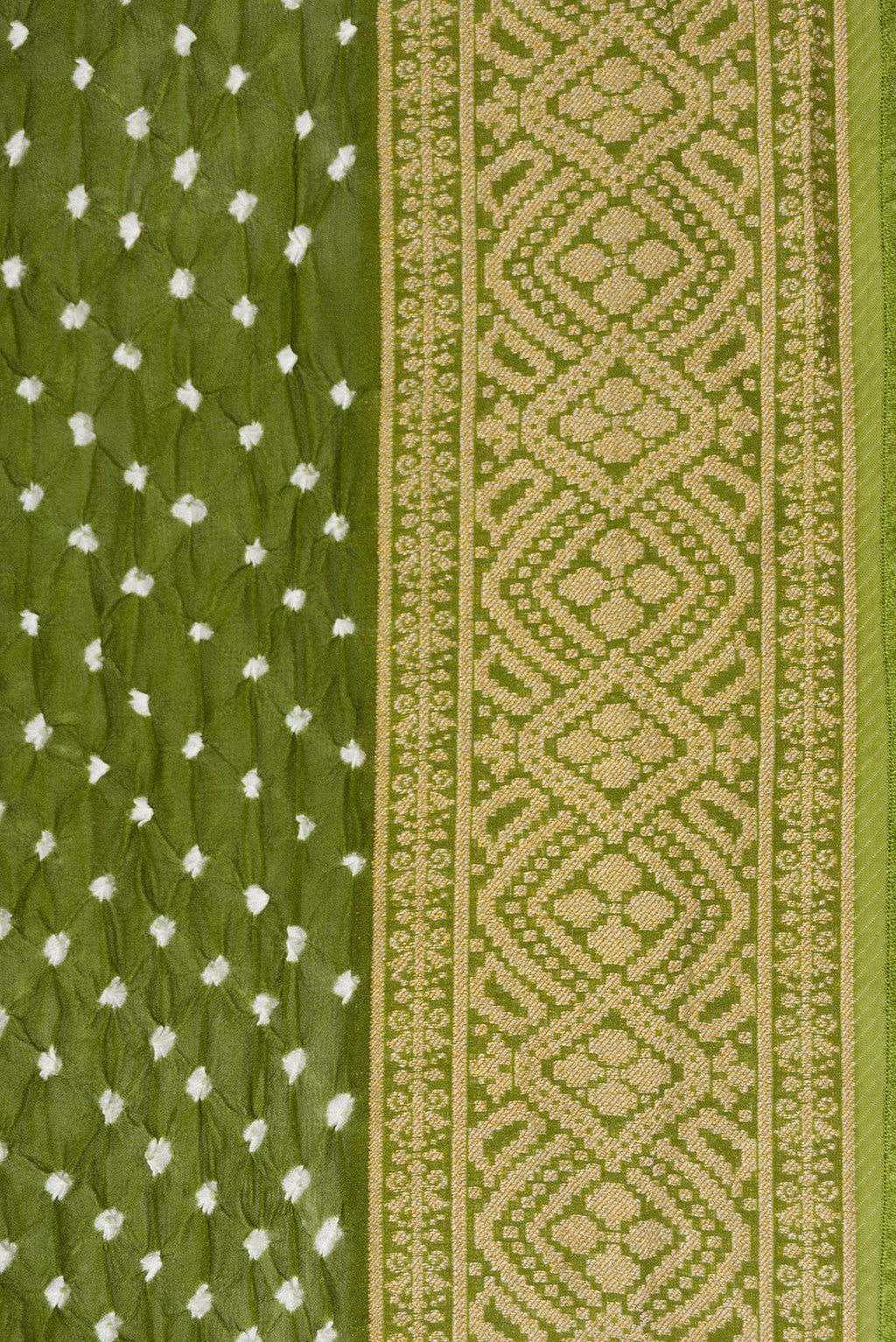 Border image of Mehandi Green Dual Tone Bandhani Silk Saree with Bandhani Print on the body and Zari Border. 