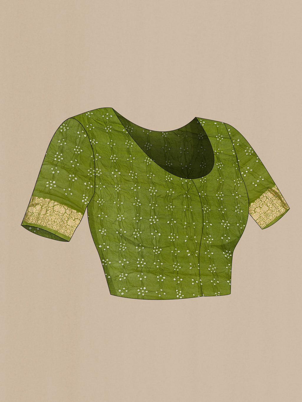 Close up image of the blouse of Green Dual Tone Bandhani Silk Saree with Bandhani Print on the body and Zari Border. 