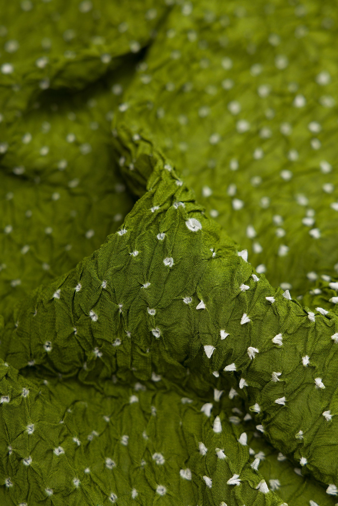 Close up of Green Dual Tone Bandhani Silk Saree with Bandhani Print on the body and Zari Border.  displaying folds