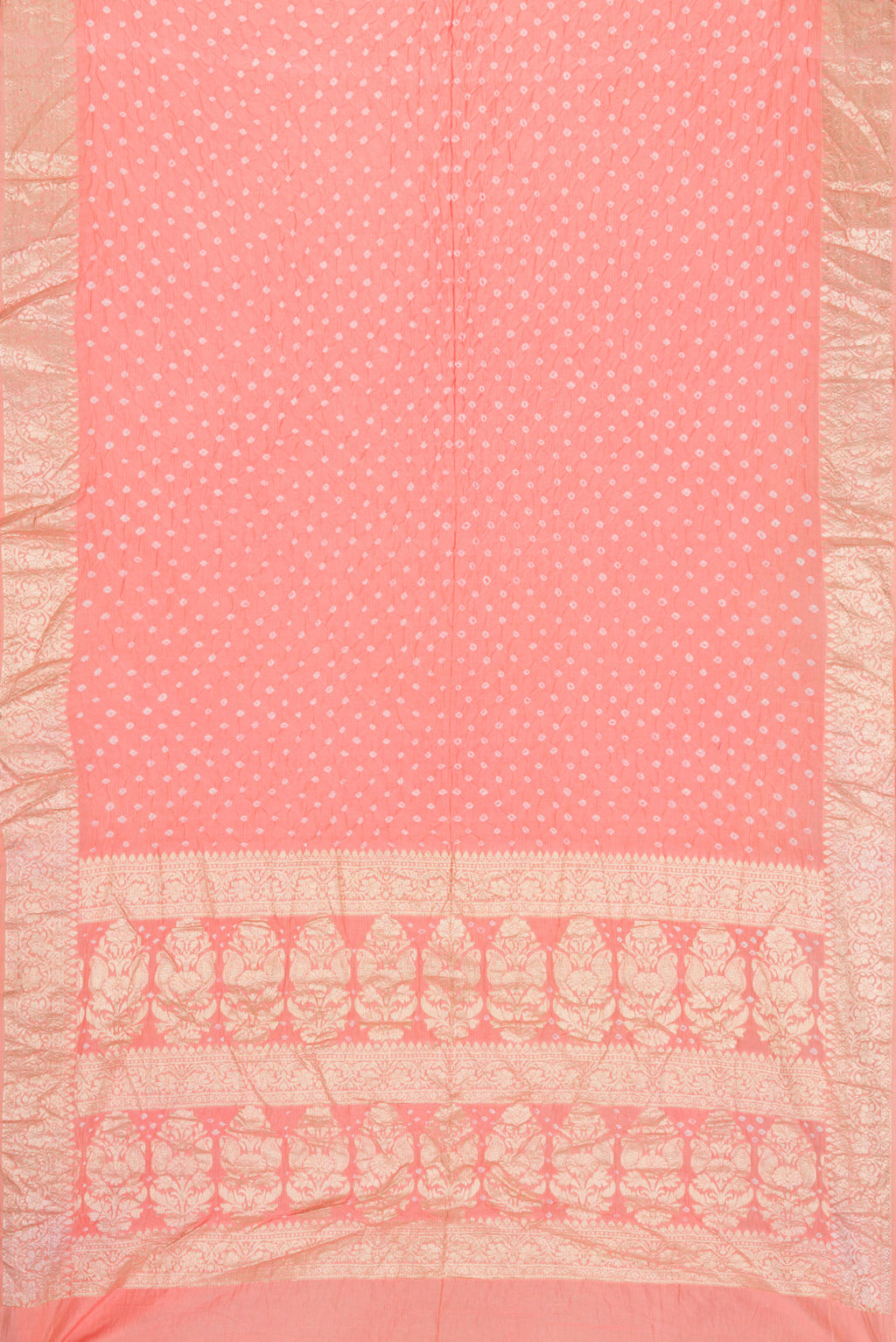 Flat view of Peach Dual Tone Blended Bandhani Silk Saree with Bandhani Print on the body and Zari Border. 
