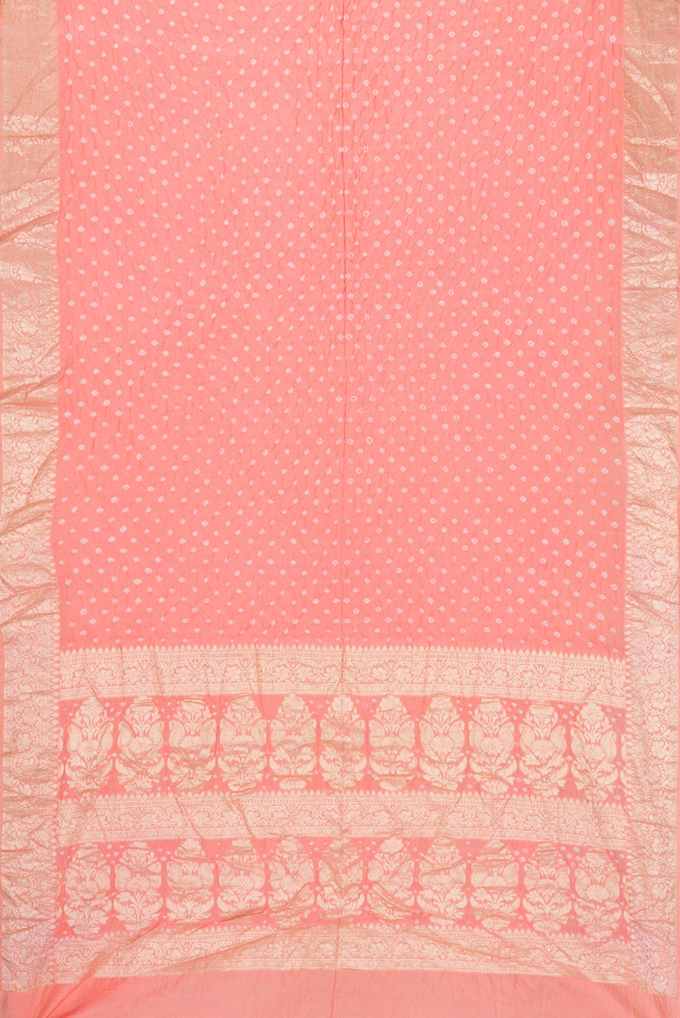 Flat view of Peach Dual Tone Blended Bandhani Silk Saree with Bandhani Print on the body and Zari Border. 