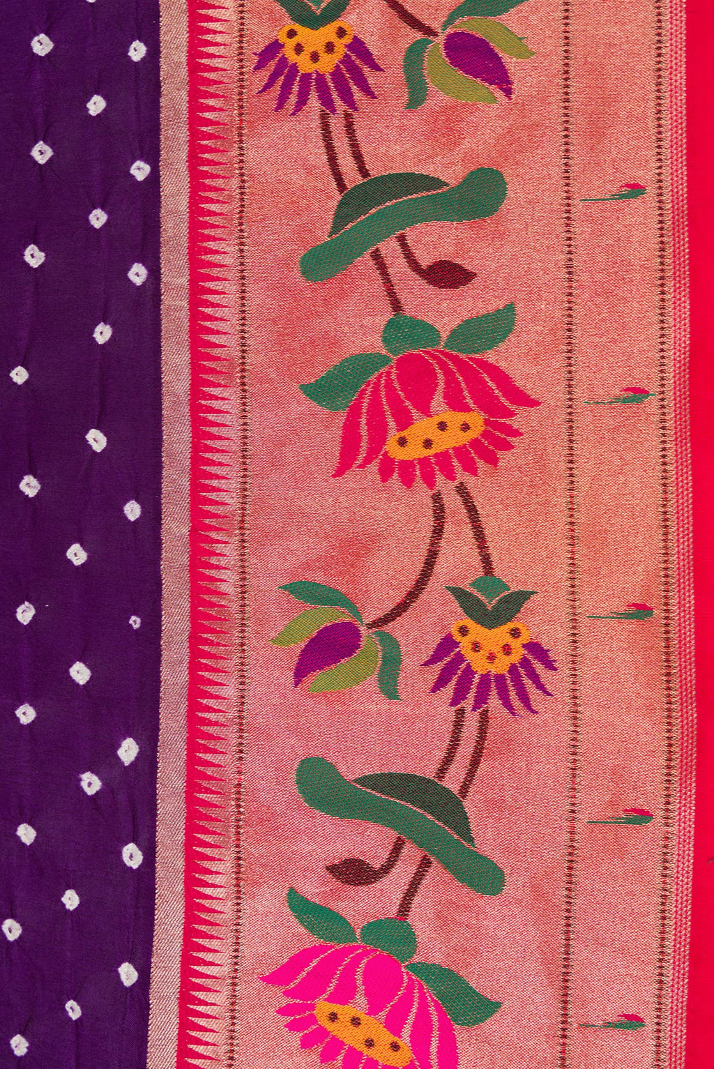 Border image of Violet Dual Tone Bandhani Silk Saree with Bandhani Print on the body and Paithani Border. 