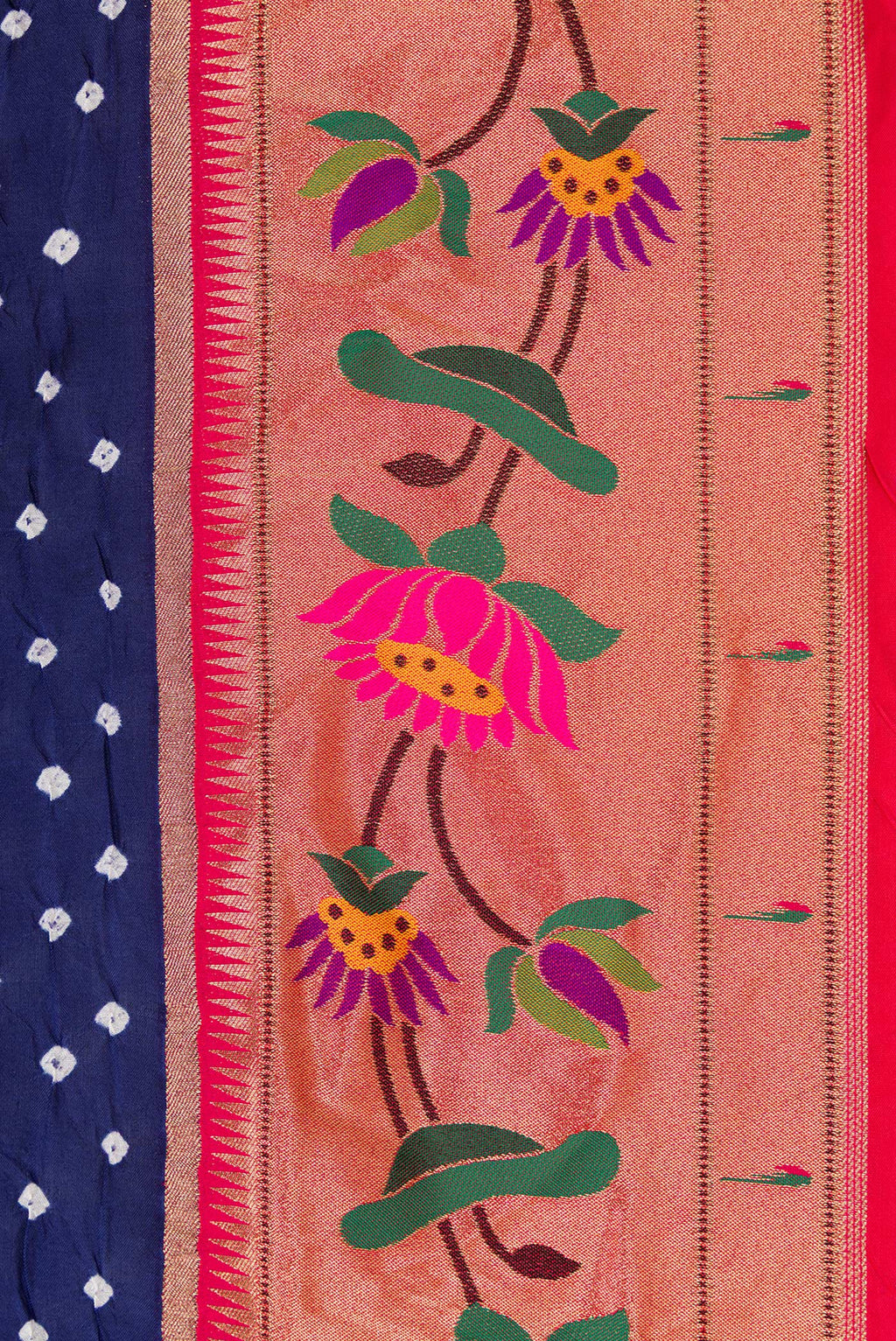 Border image of Navy Blue Dual Tone Bandhani Silk Saree with Bandhani Print on the body and Paithani Border. 
