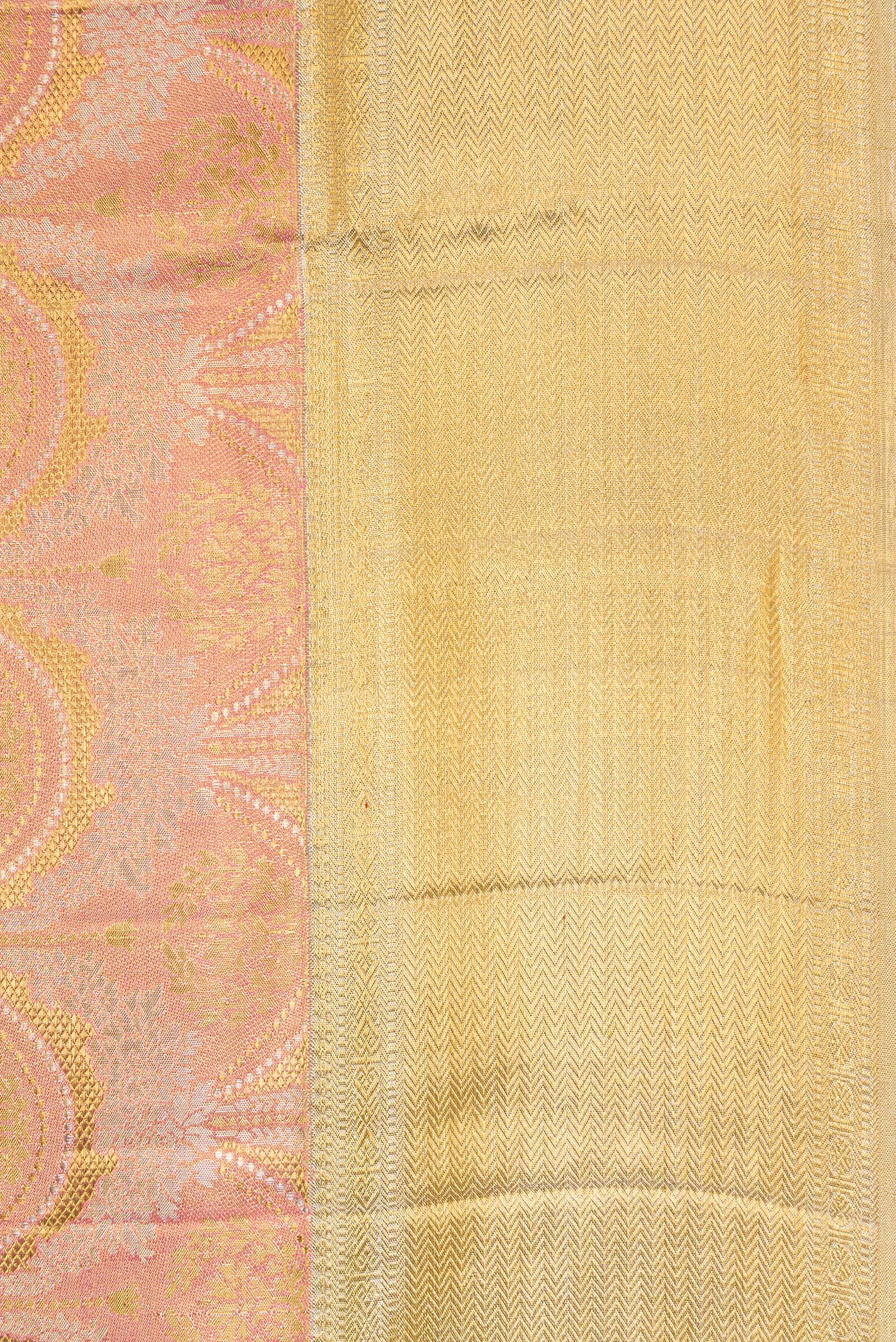 Border image of Rose Gold Dual Tone Kanjivaram Tissue Silk Saree with Zari Brocade on the body and Zari Border. 