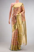 Rose Gold Dual Tone Kanjivaram Tissue Silk Saree with Zari Brocade on the body and Zari Border.  displayed on a mannequin