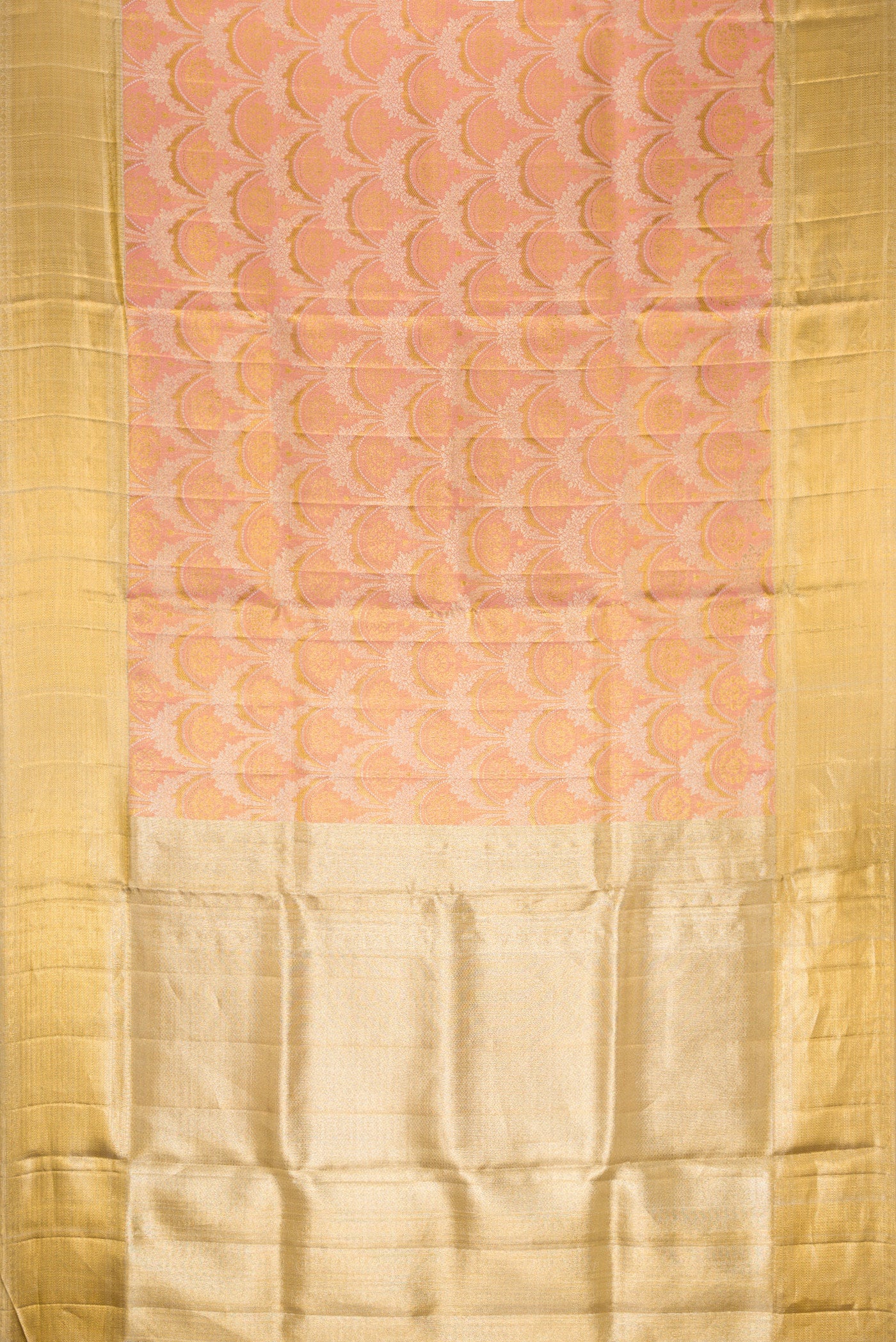 Flat view of Rose Gold Dual Tone Kanjivaram Tissue Silk Saree with Zari Brocade on the body and Zari Border. 