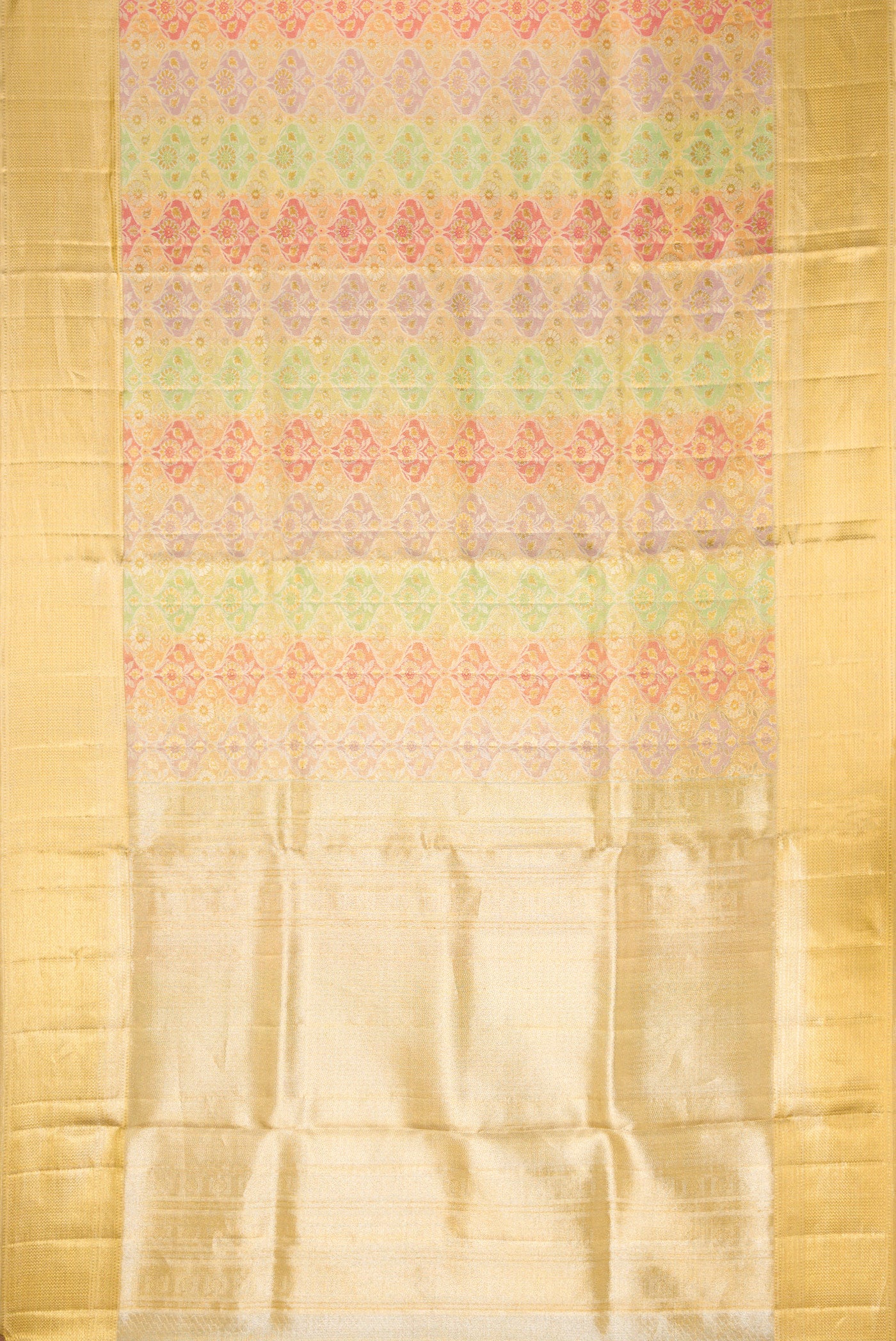Flat view of Gold Dual Tone Kanjivaram Tissue Silk Saree with Zari Brocade on the body and Zari Border. 