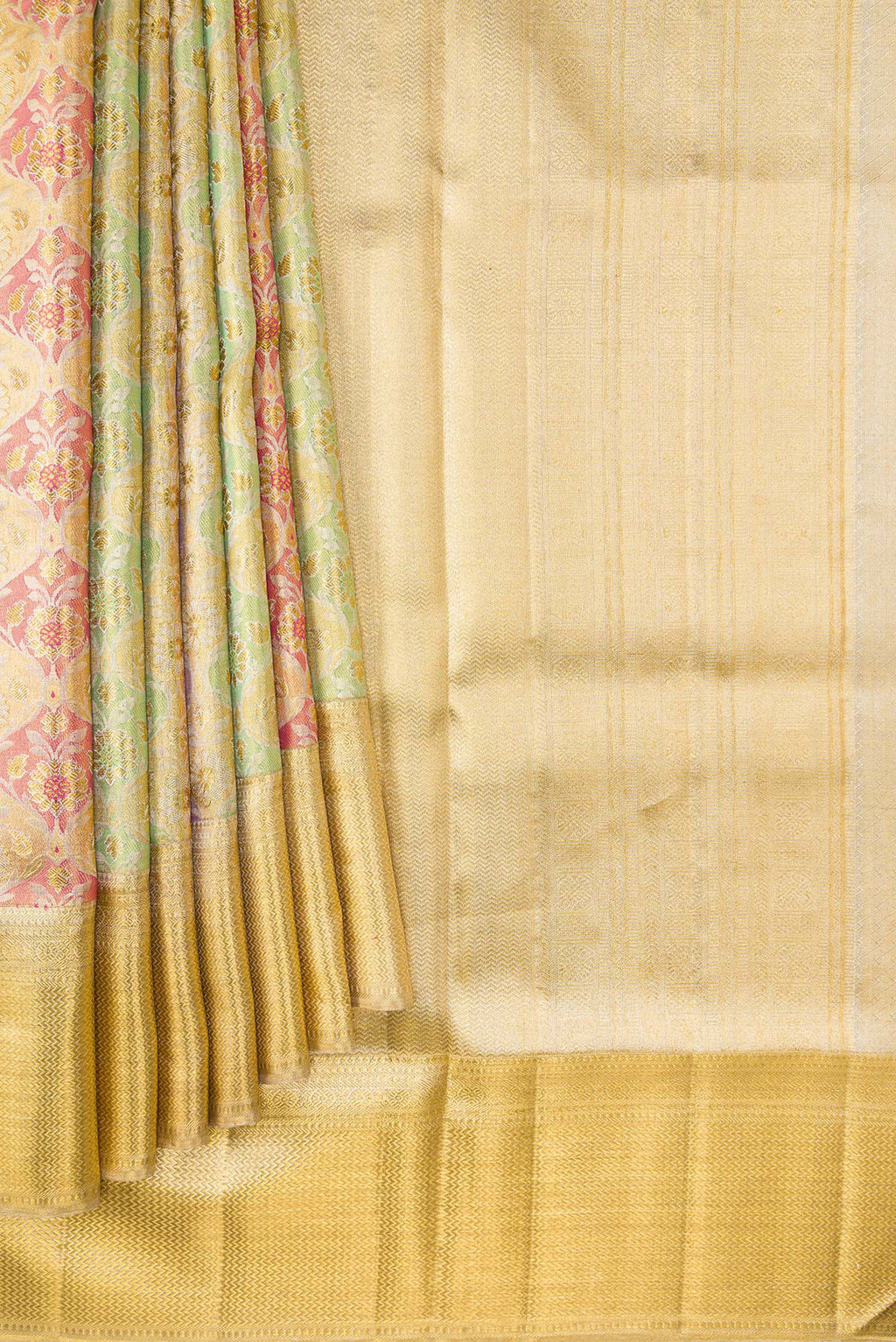 Pleats and pallu of Gold Dual Tone Kanjivaram Tissue Silk Saree with Zari Brocade on the body and Zari Border. 
