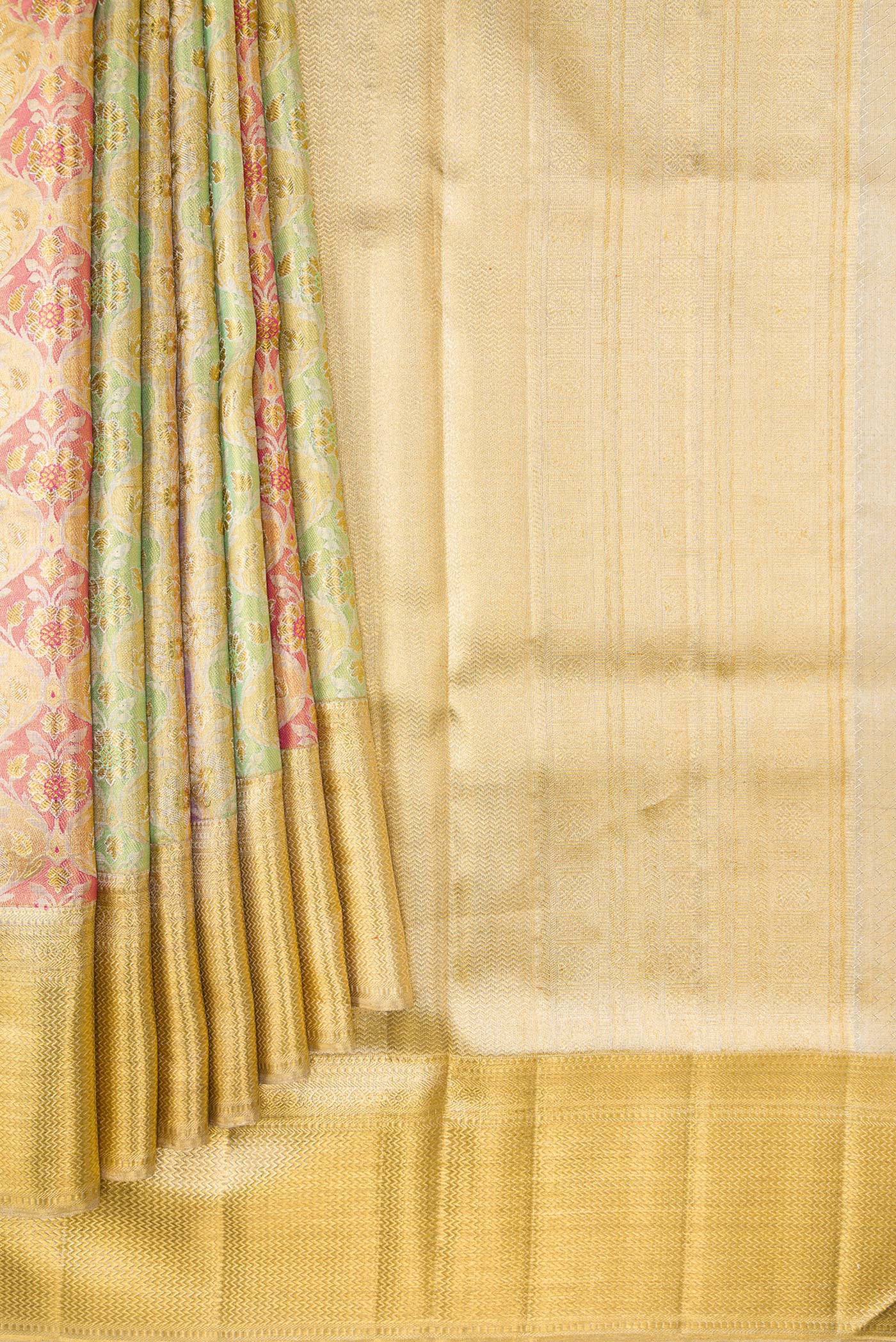 Pleats and pallu of Gold Dual Tone Kanjivaram Tissue Silk Saree with Zari Brocade on the body and Zari Border. 