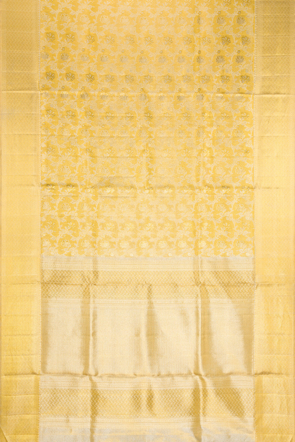 Flat view of Gold Dual Tone Kanjivaram Tissue Silk Saree with Zari Brocade on the body and Zari Border. 