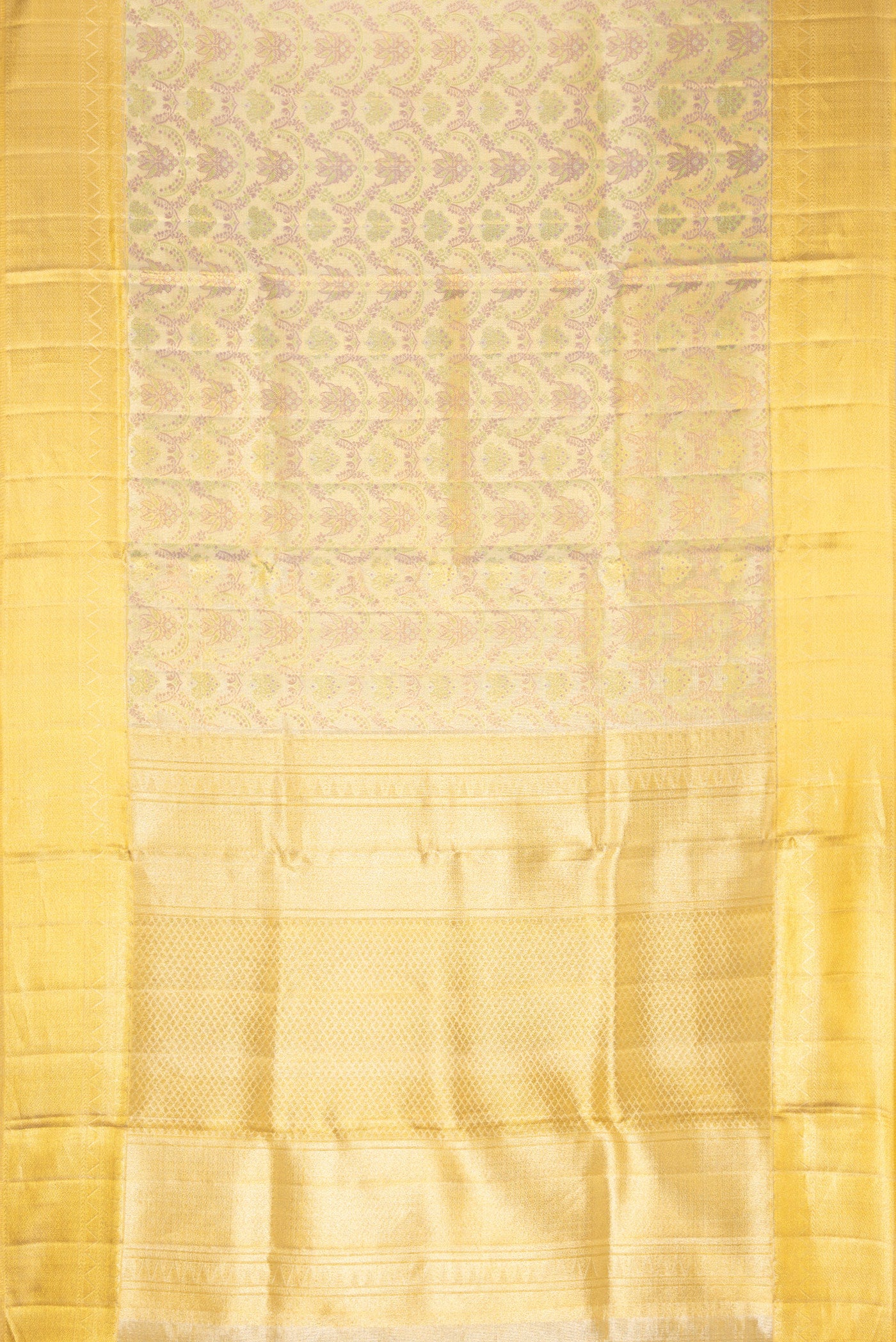 Flat view of Gold Dual Tone Kanjivaram Tissue Silk Saree with Zari Brocade on the body and Zari Border. 