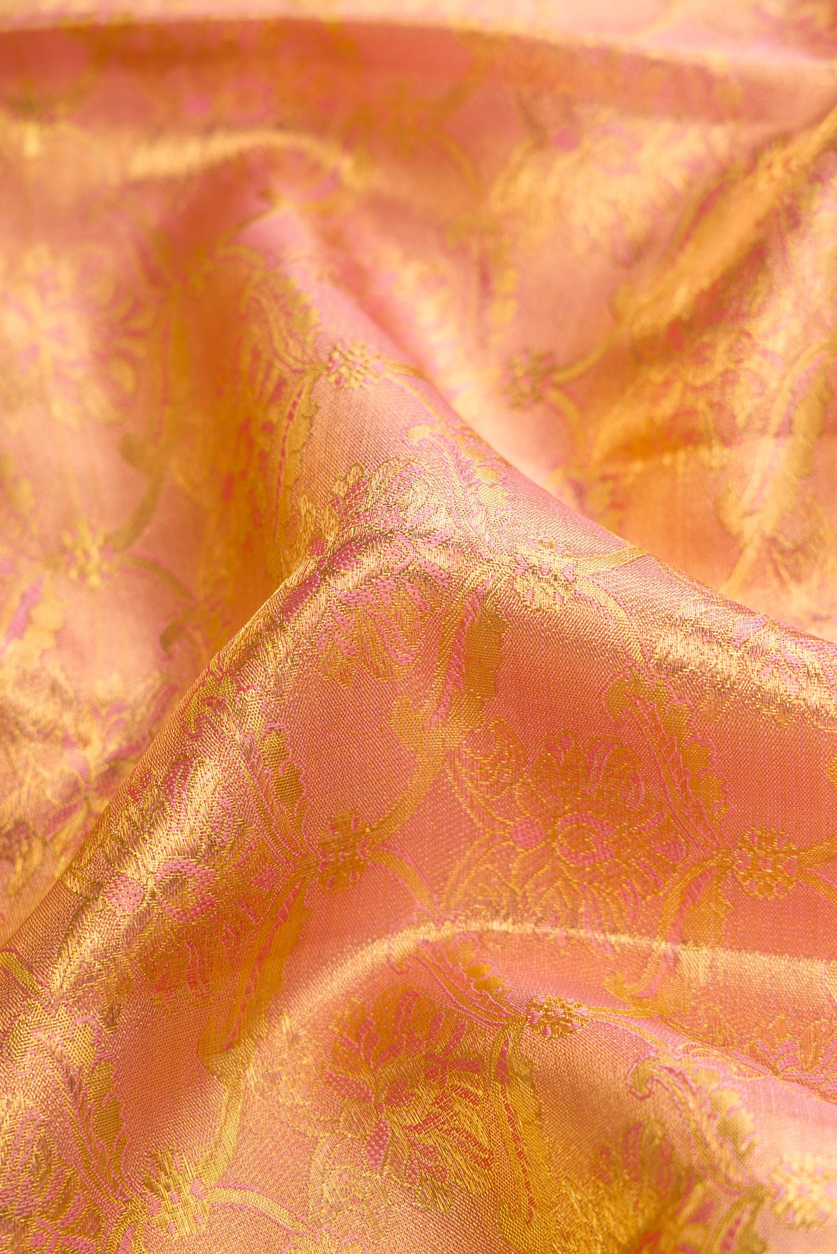 Close up of Rose Gold Dual Tone Kanjivaram Tissue Silk Saree with Zari Brocade on the body and Zari Border.  displaying folds