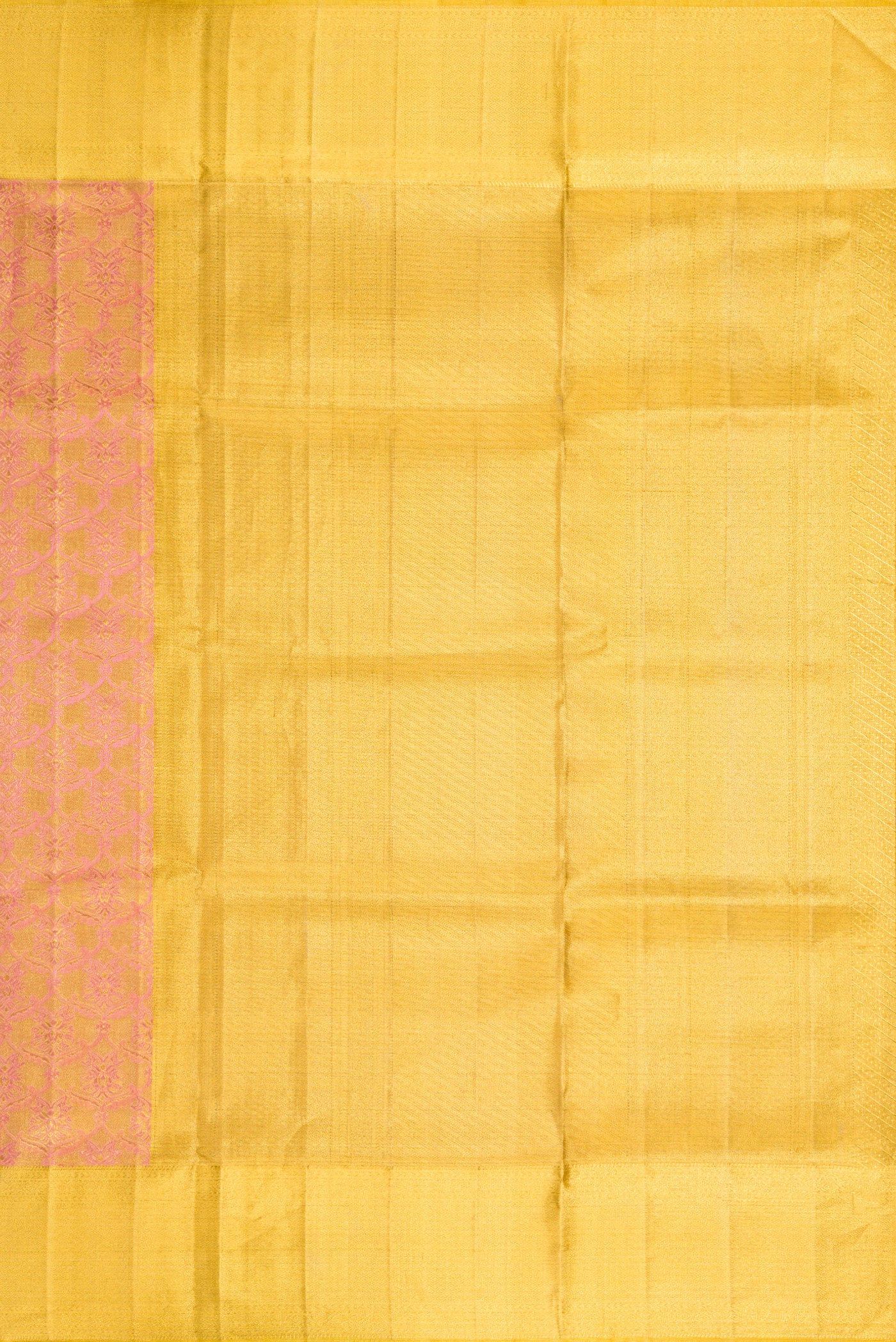 Close up image of the pallu of Rose Gold Dual Tone Kanjivaram Tissue Silk Saree with Zari Brocade on the body and Zari Border. 