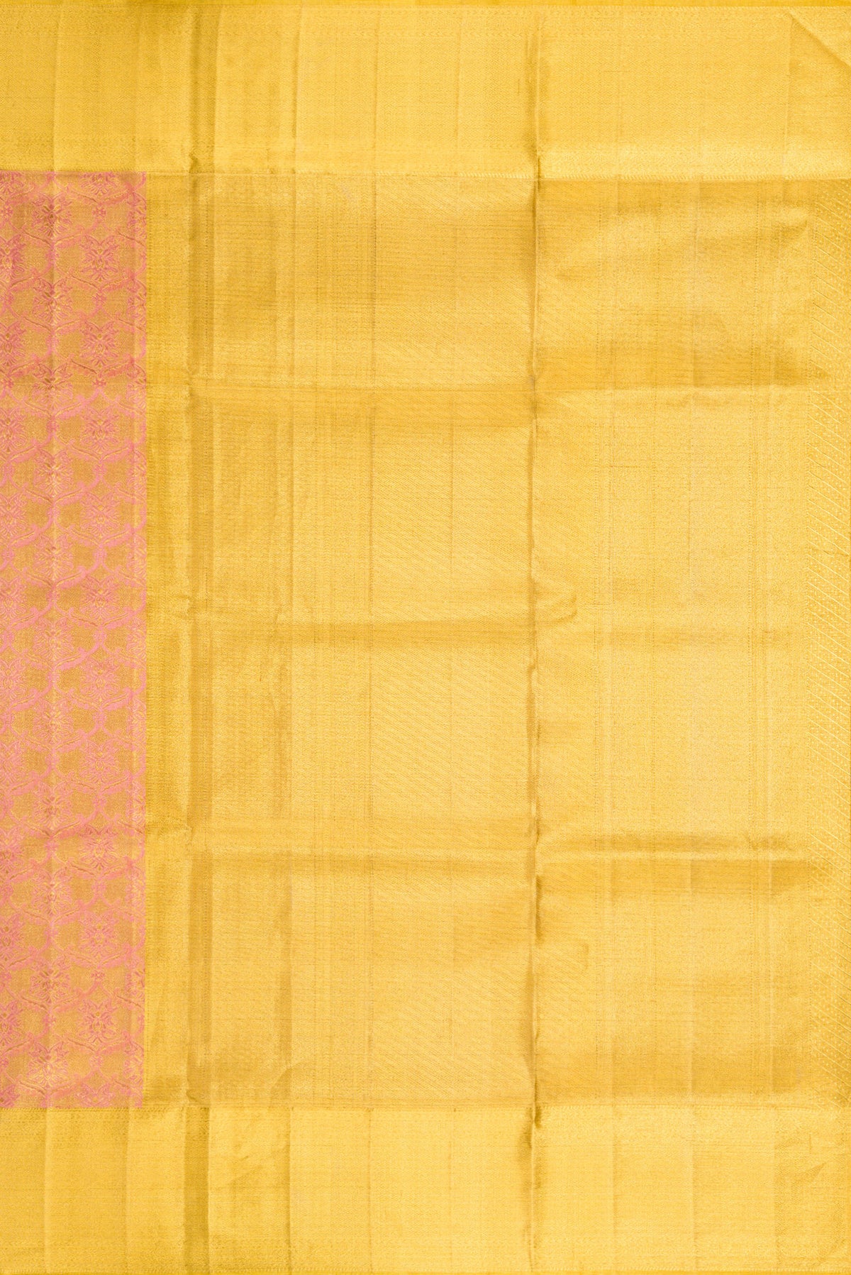 Close up image of the pallu of Rose Gold Dual Tone Kanjivaram Tissue Silk Saree with Zari Brocade on the body and Zari Border. 