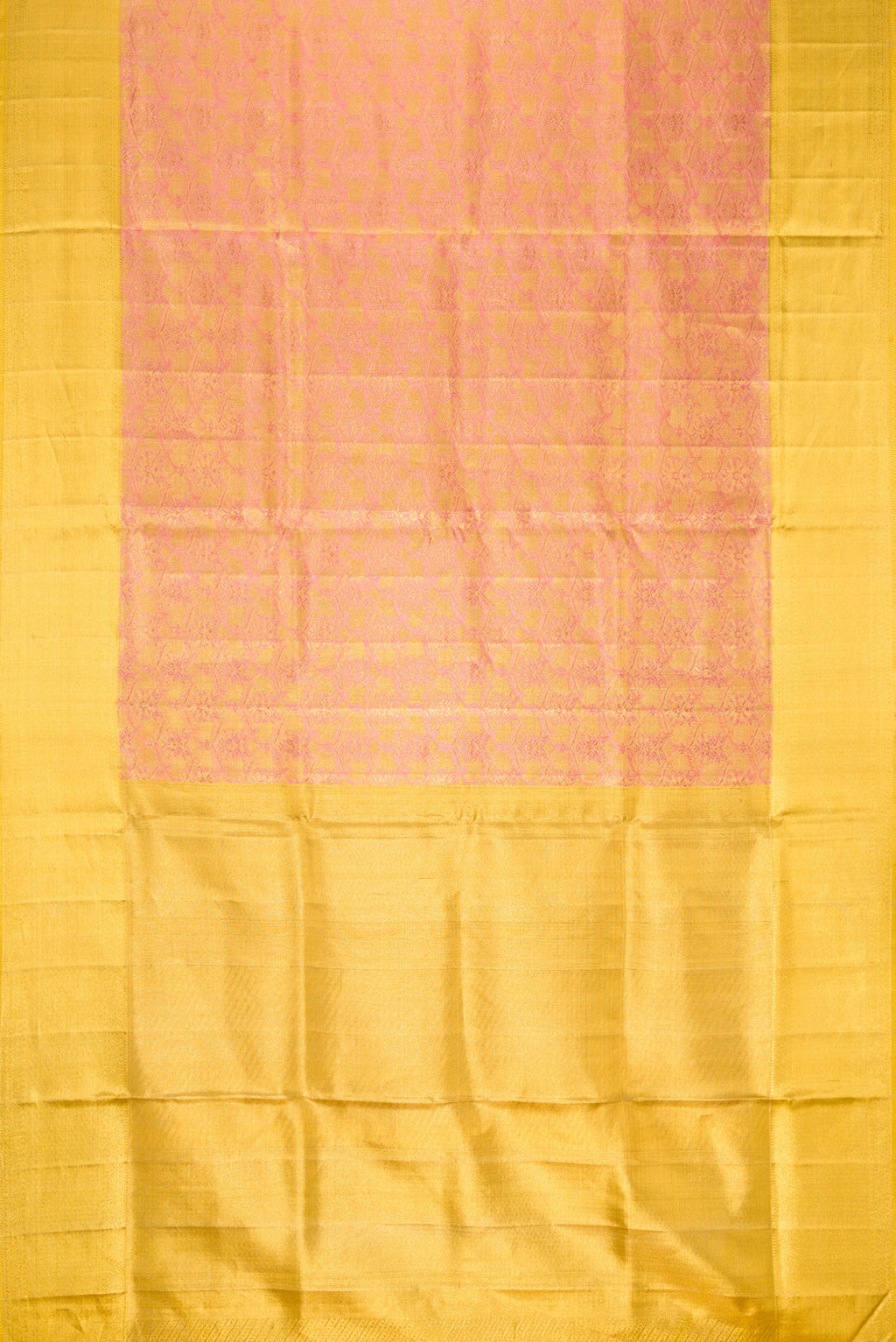 Flat view of Rose Gold Dual Tone Kanjivaram Tissue Silk Saree with Zari Brocade on the body and Zari Border. 