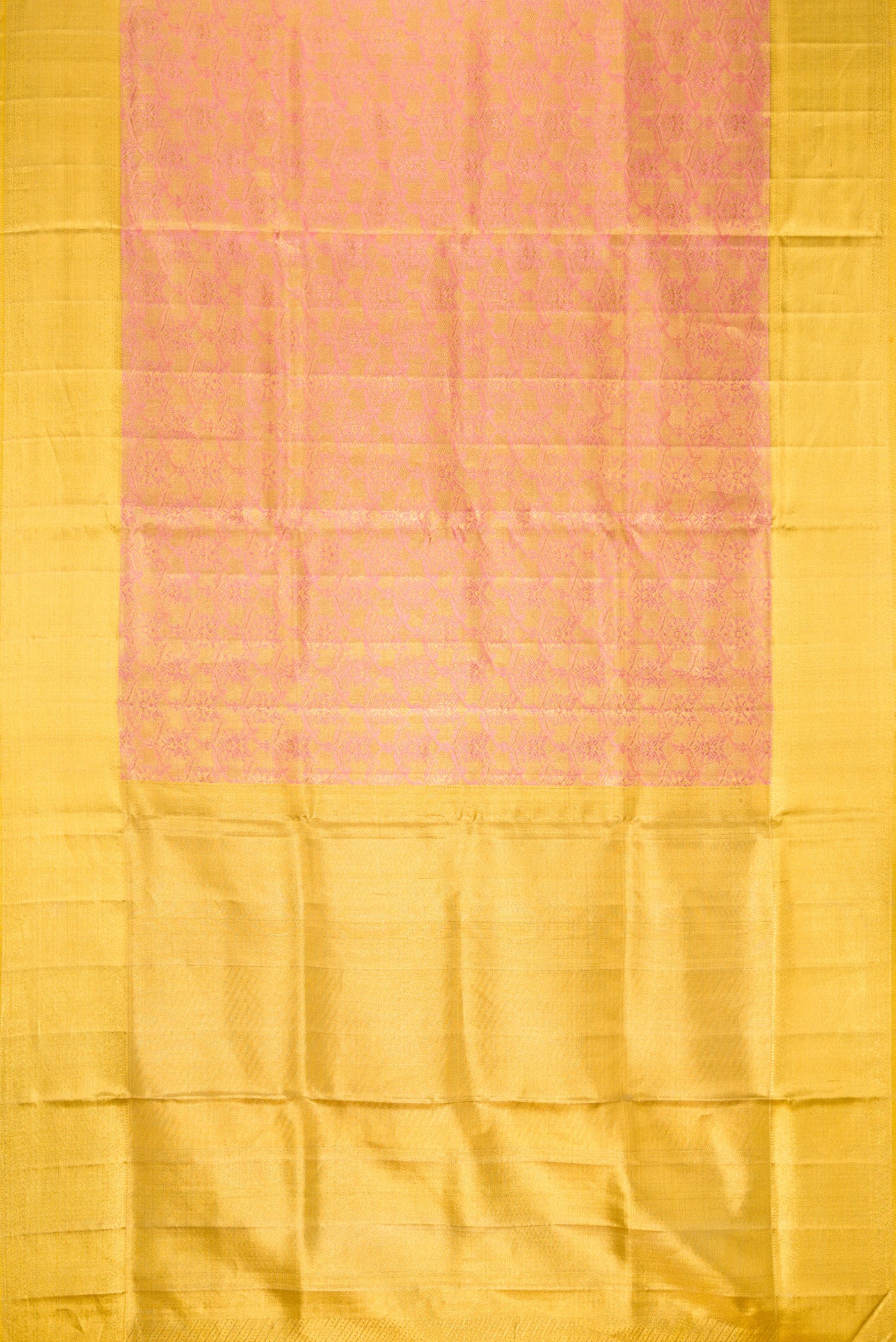 Flat view of Rose Gold Dual Tone Kanjivaram Tissue Silk Saree with Zari Brocade on the body and Zari Border. 