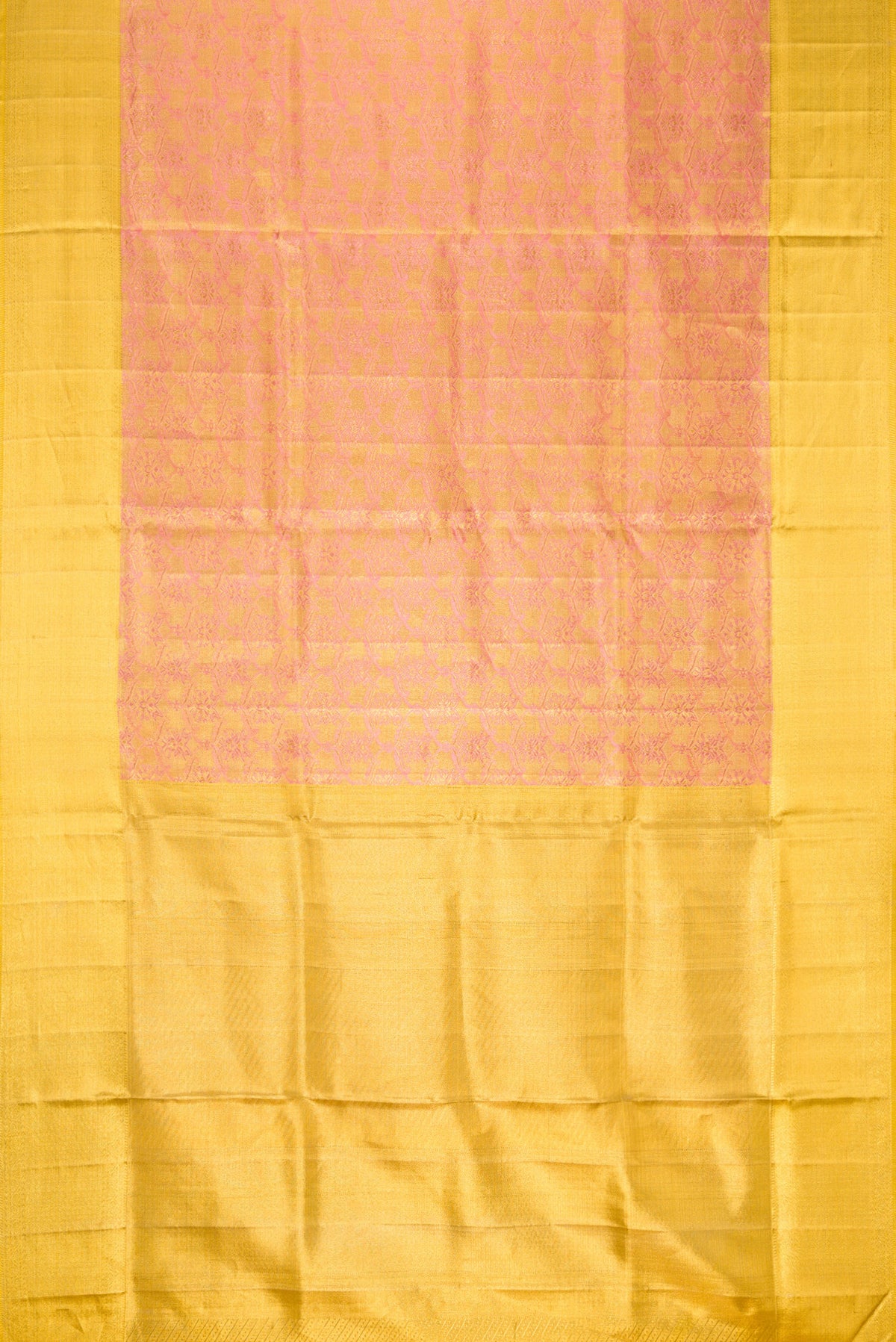Flat view of Rose Gold Dual Tone Kanjivaram Tissue Silk Saree with Zari Brocade on the body and Zari Border. 