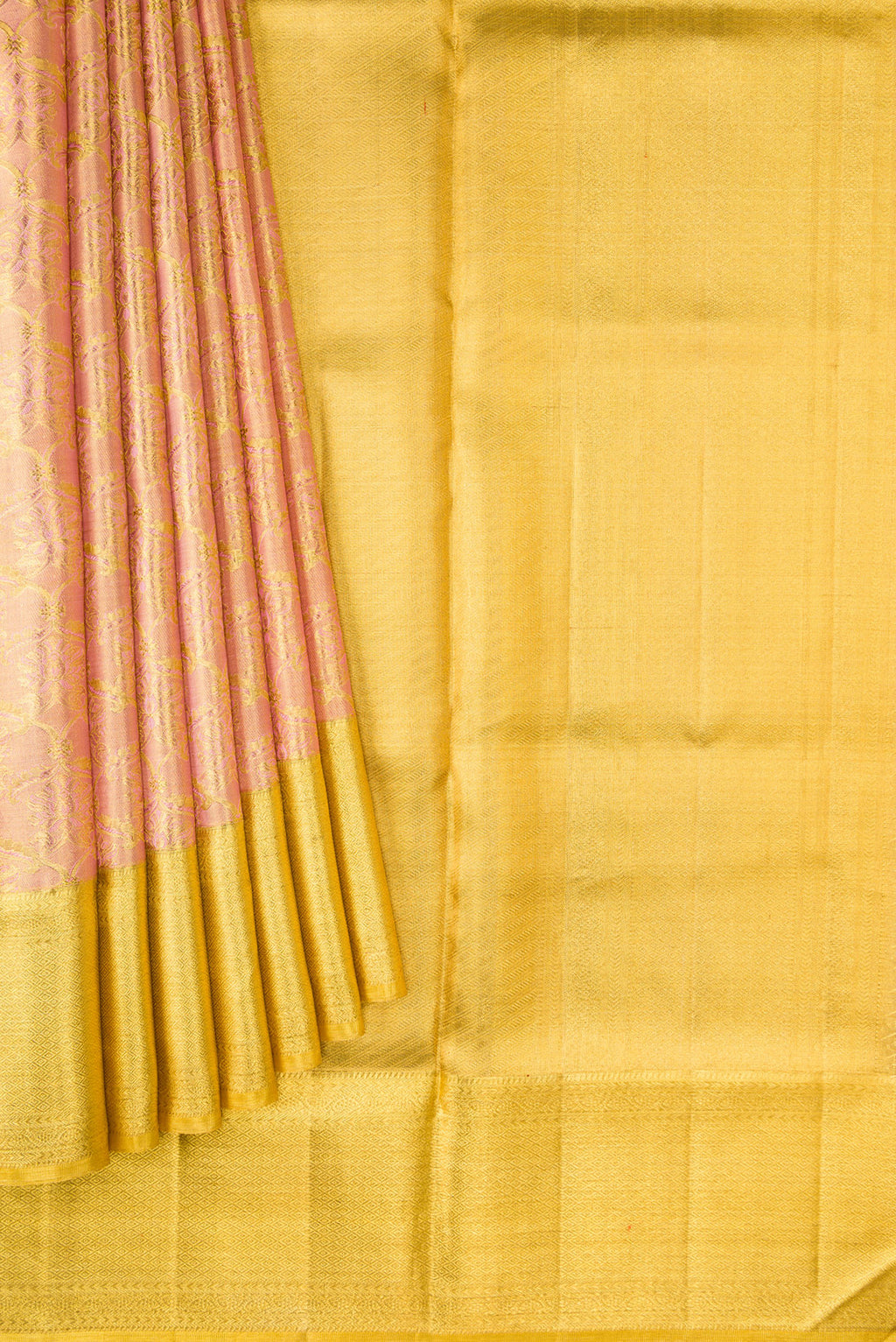 Pleats and pallu of Rose Gold Dual Tone Kanjivaram Tissue Silk Saree with Zari Brocade on the body and Zari Border. 