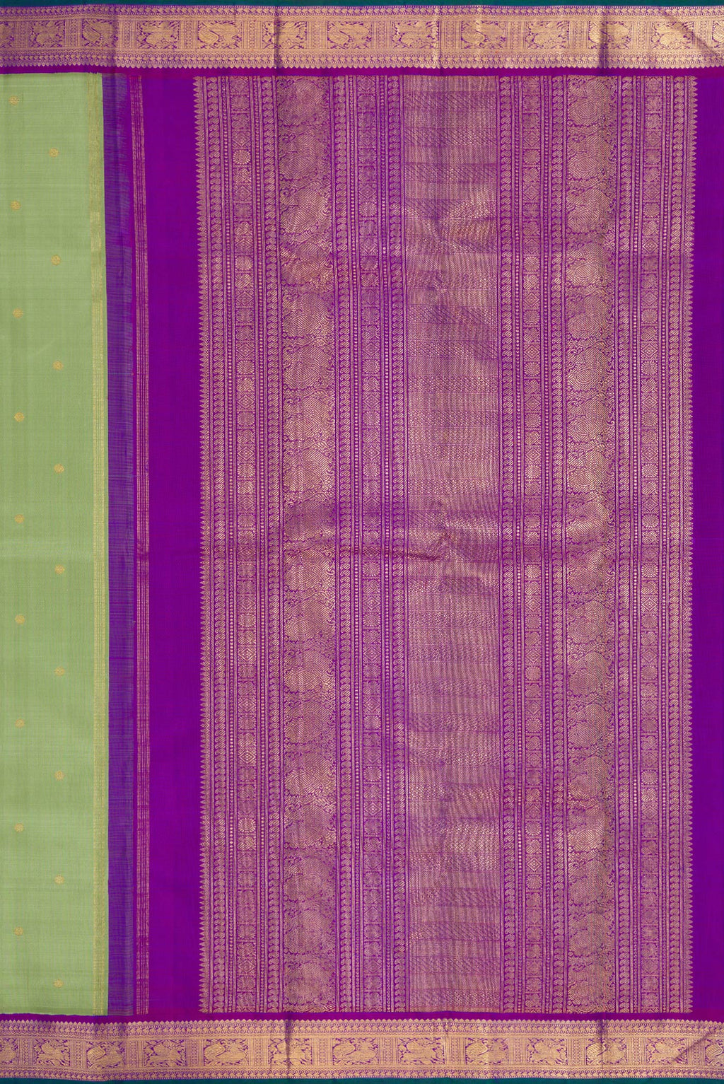 Close up image of the pallu of Pure Silk Pure Zari Pista Green Dual Tone Kanjivaram Saree with Zari Butta on the body and Zari Border. 