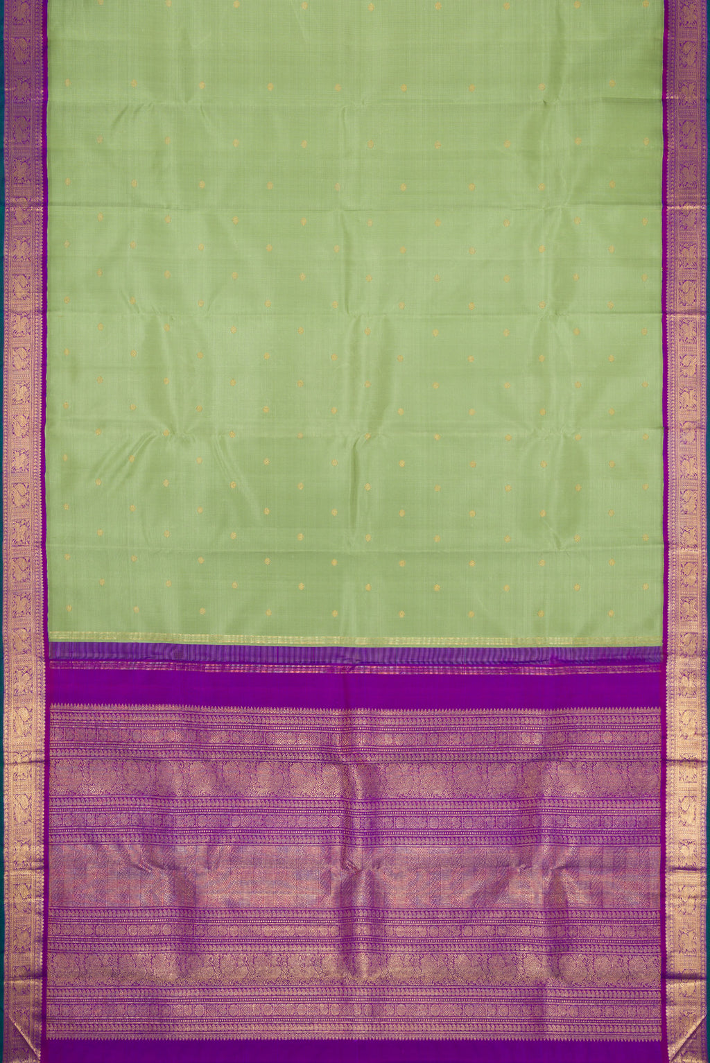 Flat view of Pure Silk Pure Zari Pista Green Dual Tone Kanjivaram Saree with Zari Butta on the body and Zari Border. 