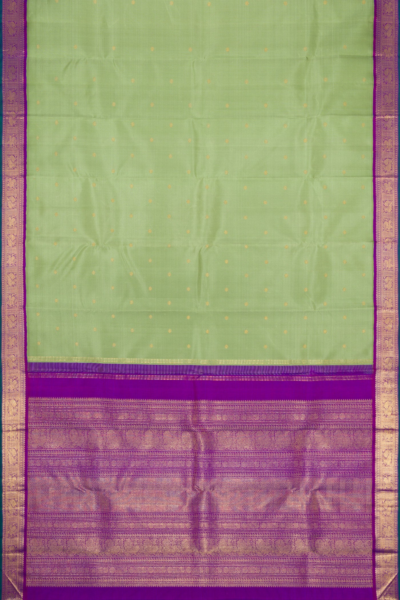 Flat view of Pure Silk Pure Zari Pista Green Dual Tone Kanjivaram Saree with Zari Butta on the body and Zari Border. 
