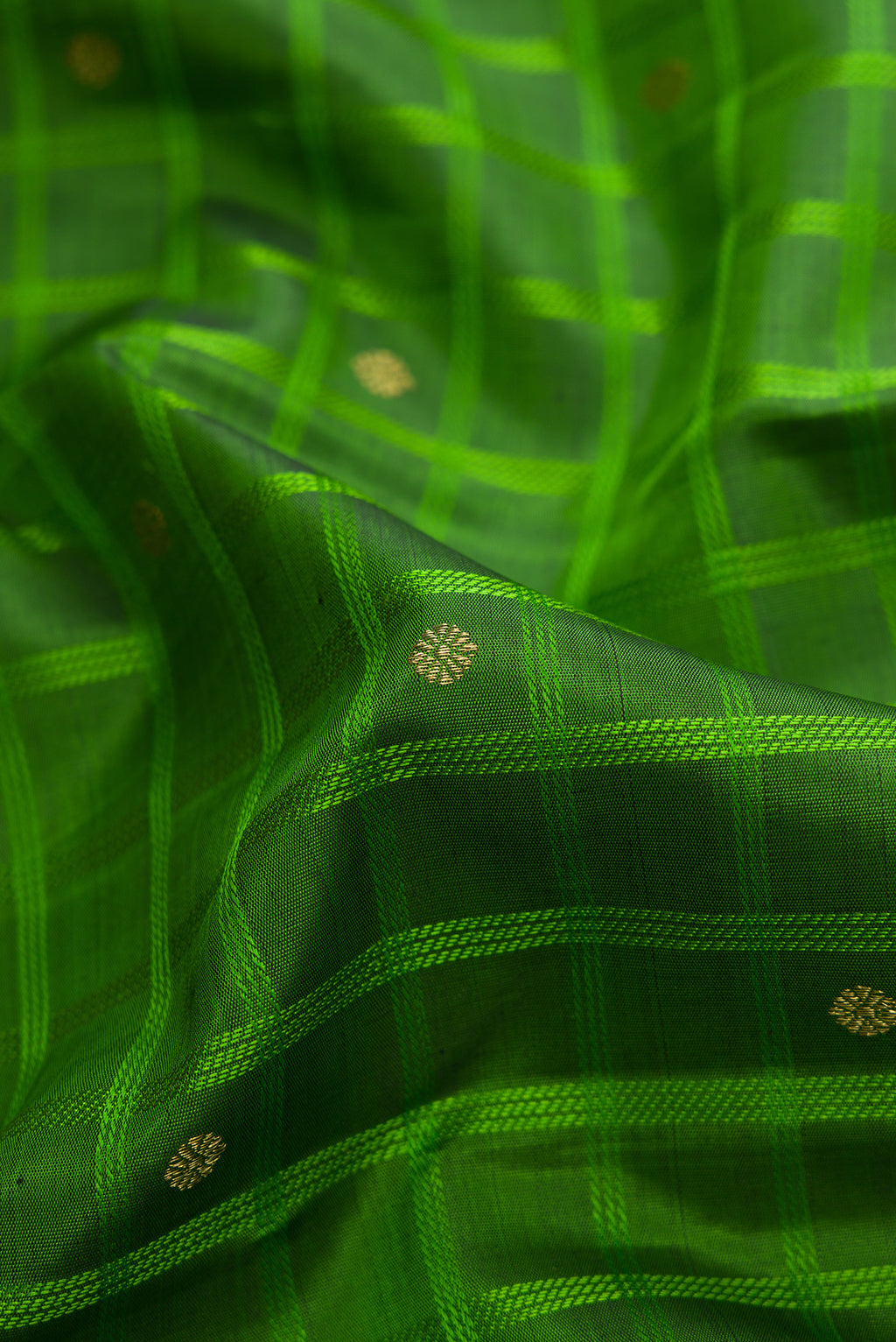 Close up of Pure Silk Pure Zari Green Dual Tone Kanchipuram Saree with Checked design on the body and Ganga Jamuna Border.  displaying folds