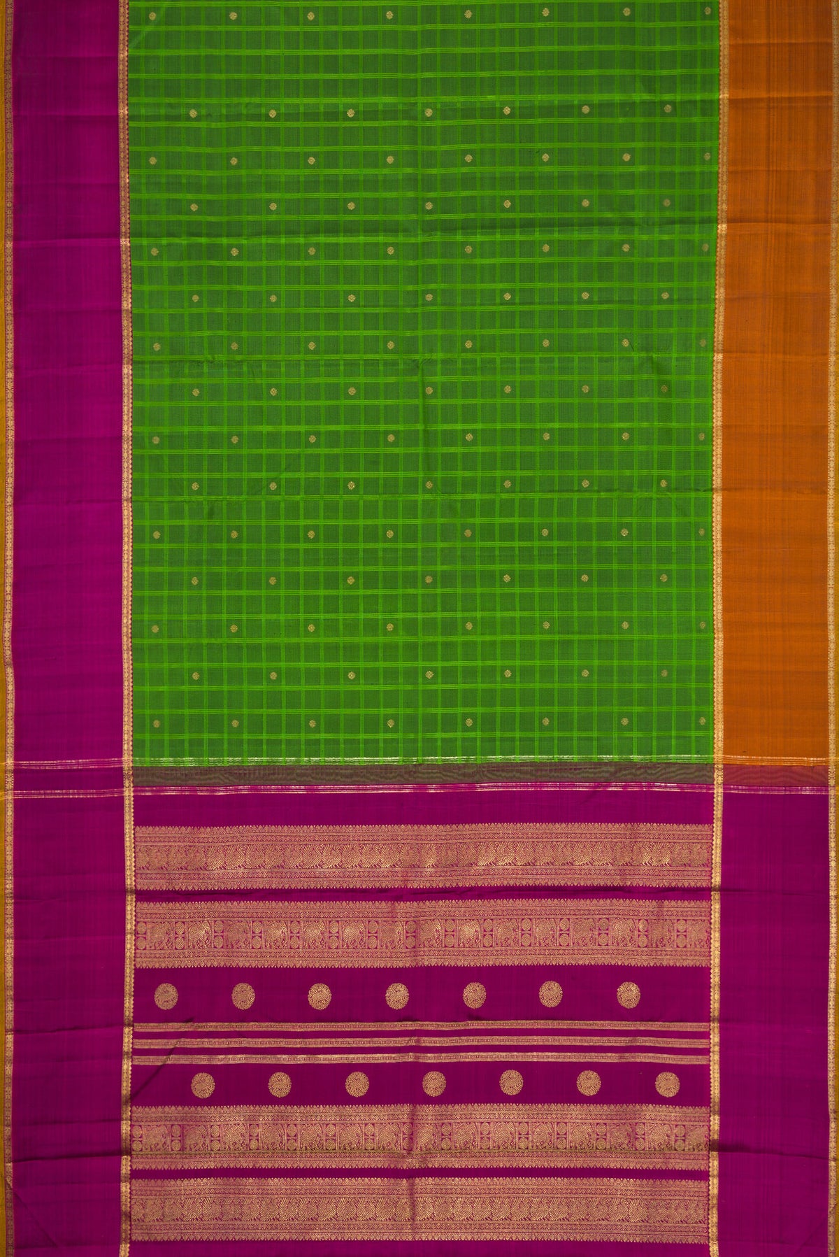 Flat view of Pure Silk Pure Zari Green Dual Tone Kanchipuram Saree with Checked design on the body and Ganga Jamuna Border. 