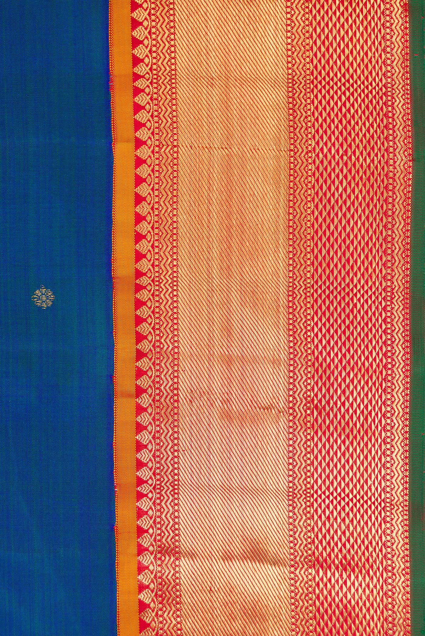 Border image of Pure Silk Pure Zari Peacock Blue Dual Tone Kanjivaram Saree with Zari Butta on the body and Zari Border. 