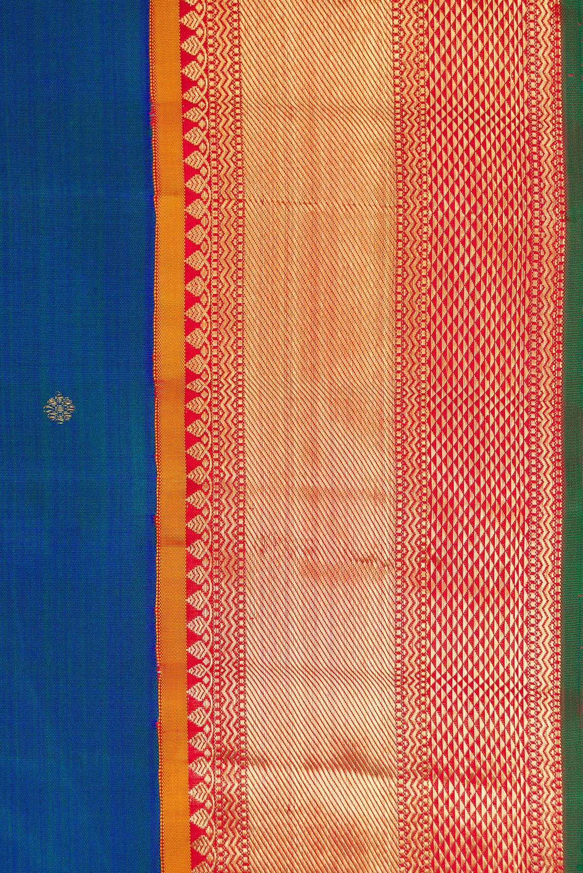 Border image of Pure Silk Pure Zari Peacock Blue Dual Tone Kanjivaram Saree with Zari Butta on the body and Zari Border. 