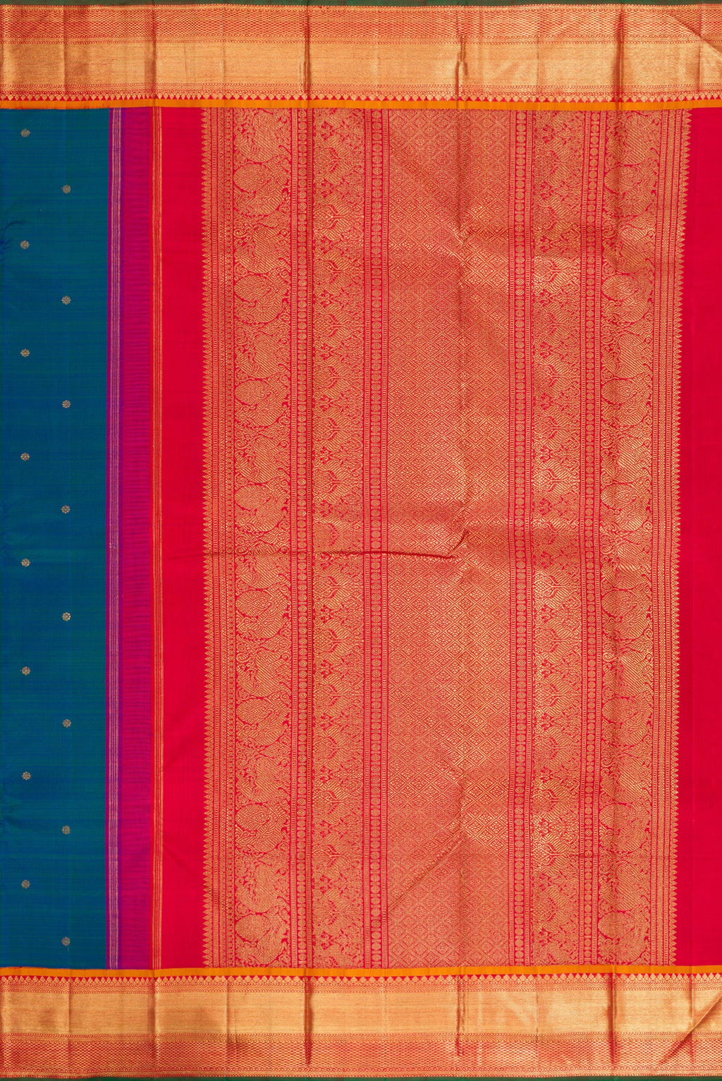 Close up image of the pallu of Pure Silk Pure Zari Peacock Blue Dual Tone Kanjivaram Saree with Zari Butta on the body and Zari Border. 