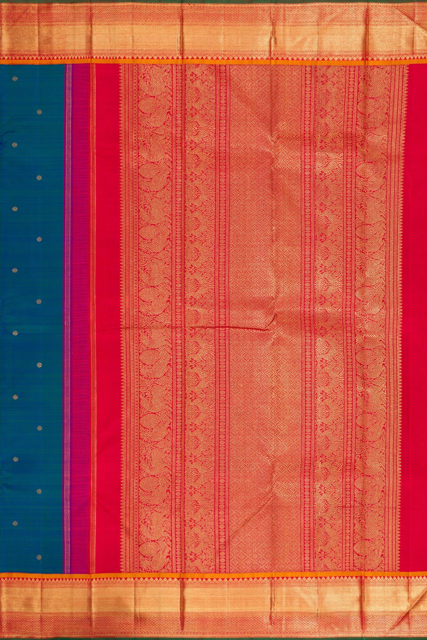 Close up image of the pallu of Pure Silk Pure Zari Peacock Blue Dual Tone Kanjivaram Saree with Zari Butta on the body and Zari Border. 