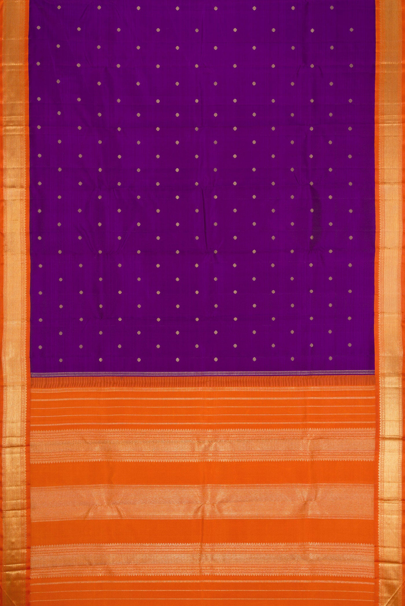 Flat view of Violet Dual Tone Kanjivaram Silk Saree with Zari Butta on the body and Zari Border. 