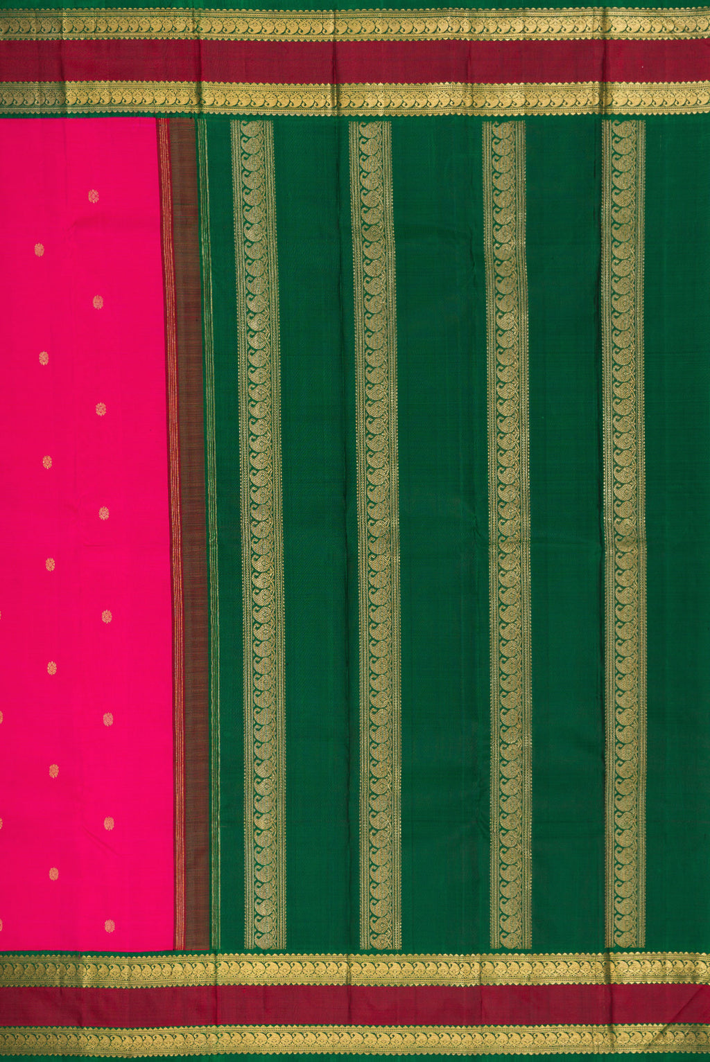 Close up image of the pallu of Pure Silk Pure Zari Pink Dual Tone Kanjivaram Saree with Zari Butta on the body and Zari Border. 