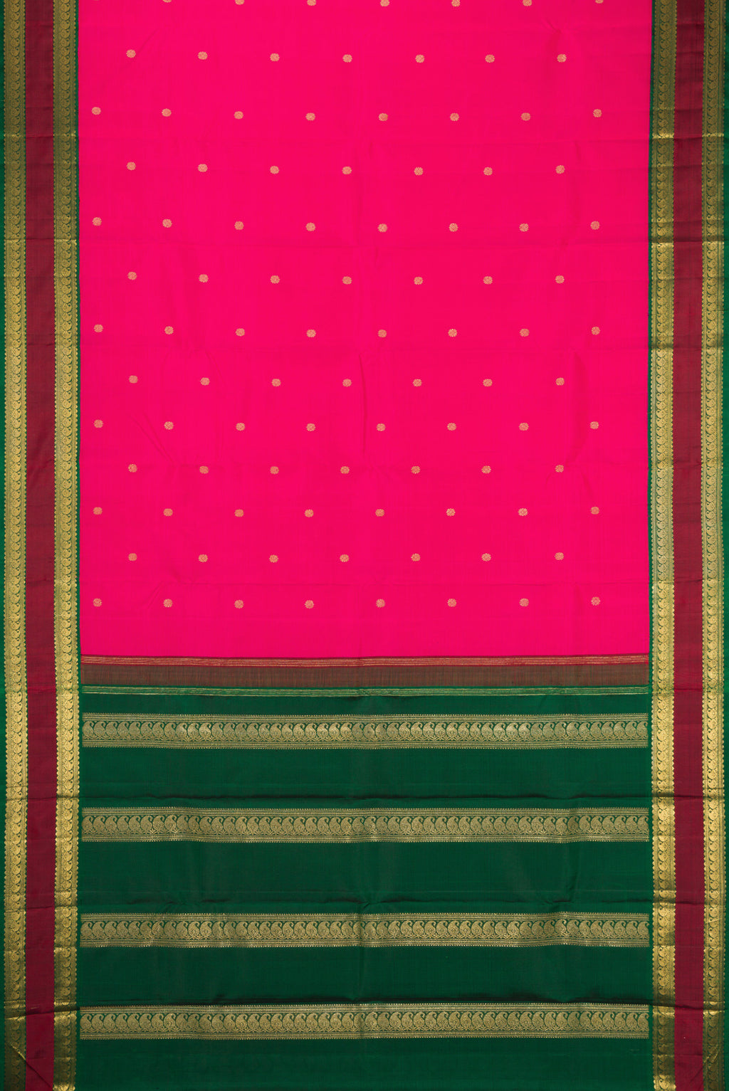 Flat view of Pure Silk Pure Zari Pink Dual Tone Kanjivaram Saree with Zari Butta on the body and Zari Border. 
