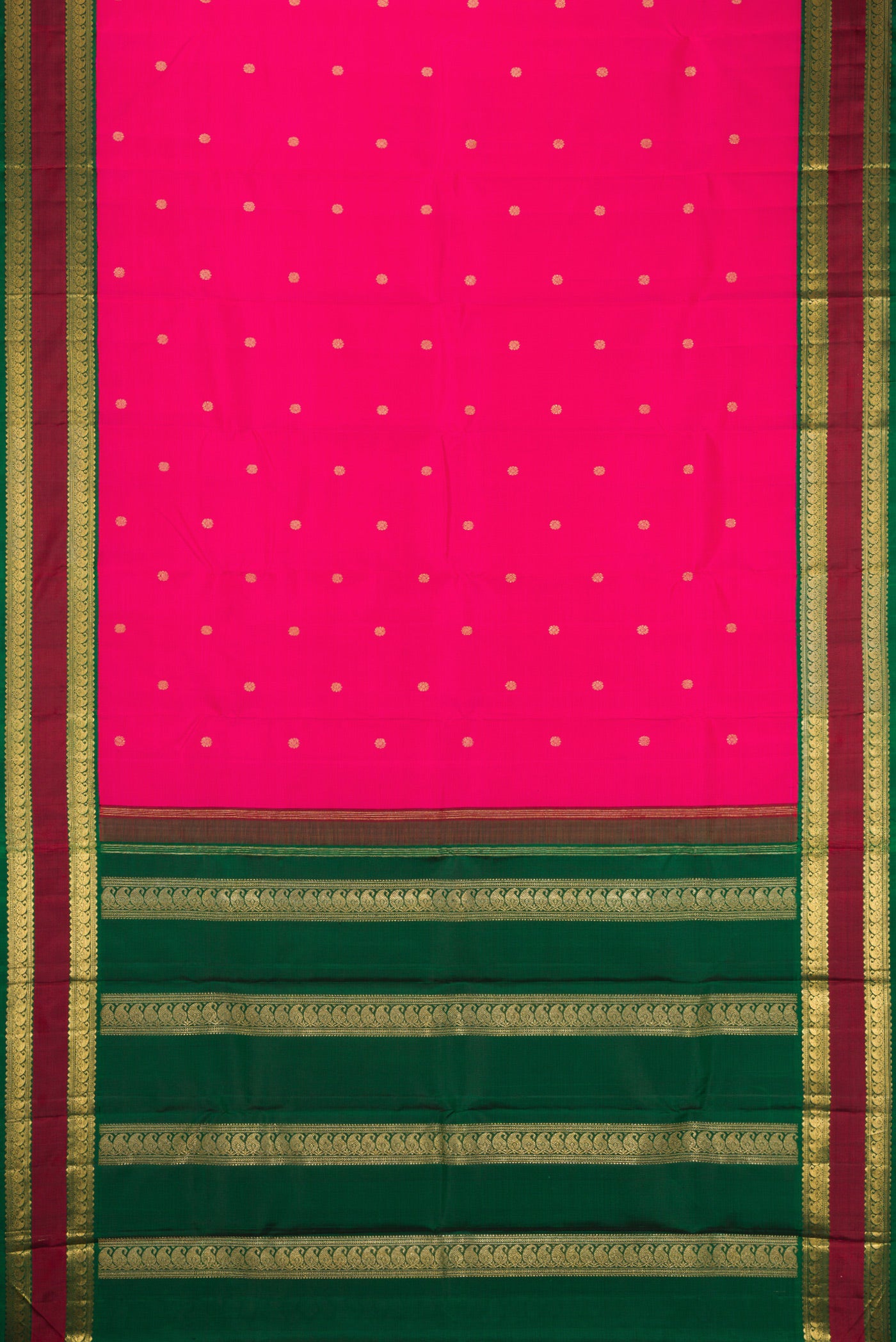 Flat view of Pure Silk Pure Zari Pink Dual Tone Kanjivaram Saree with Zari Butta on the body and Zari Border. 
