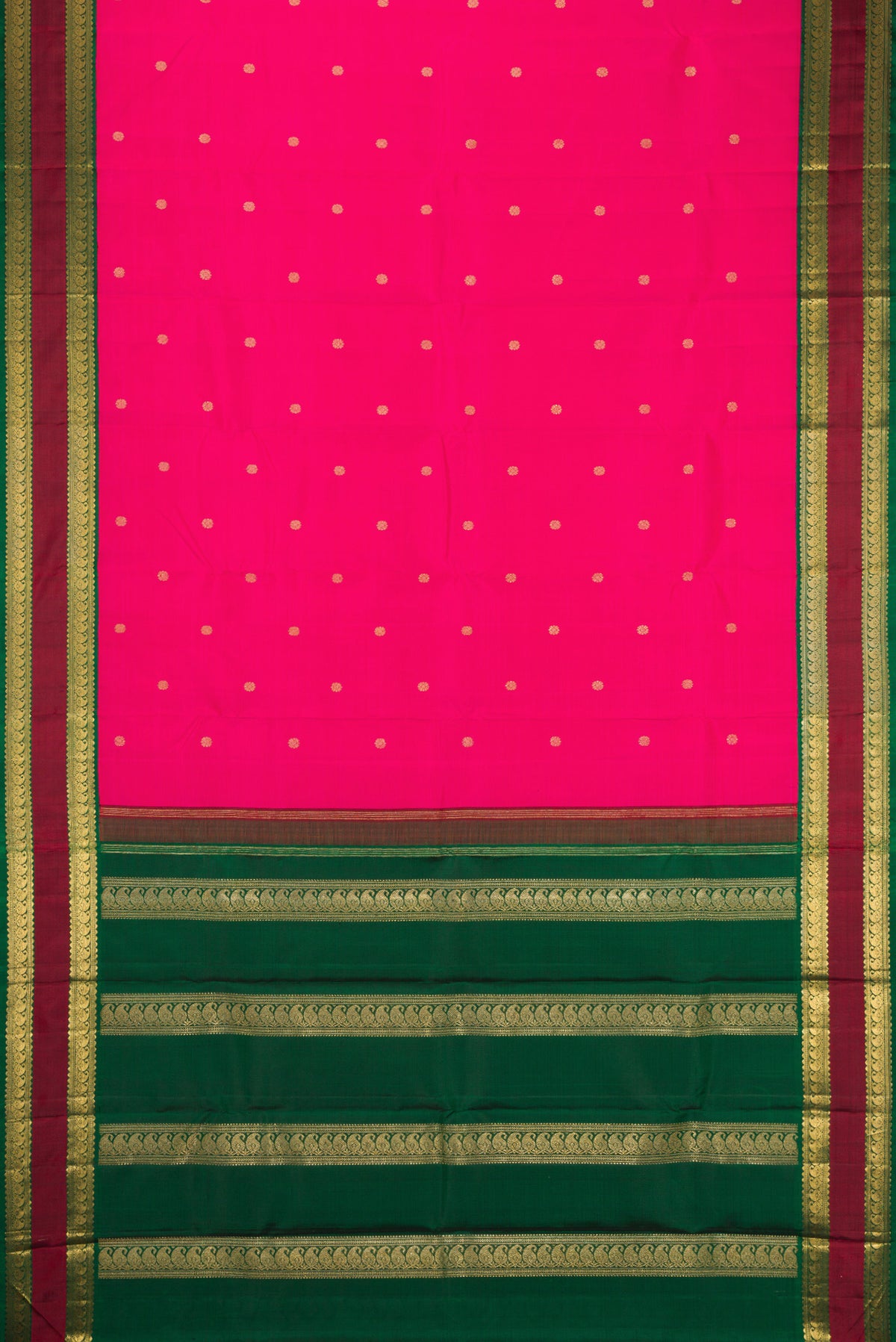 Flat view of Pure Silk Pure Zari Pink Dual Tone Kanjivaram Saree with Zari Butta on the body and Zari Border. 