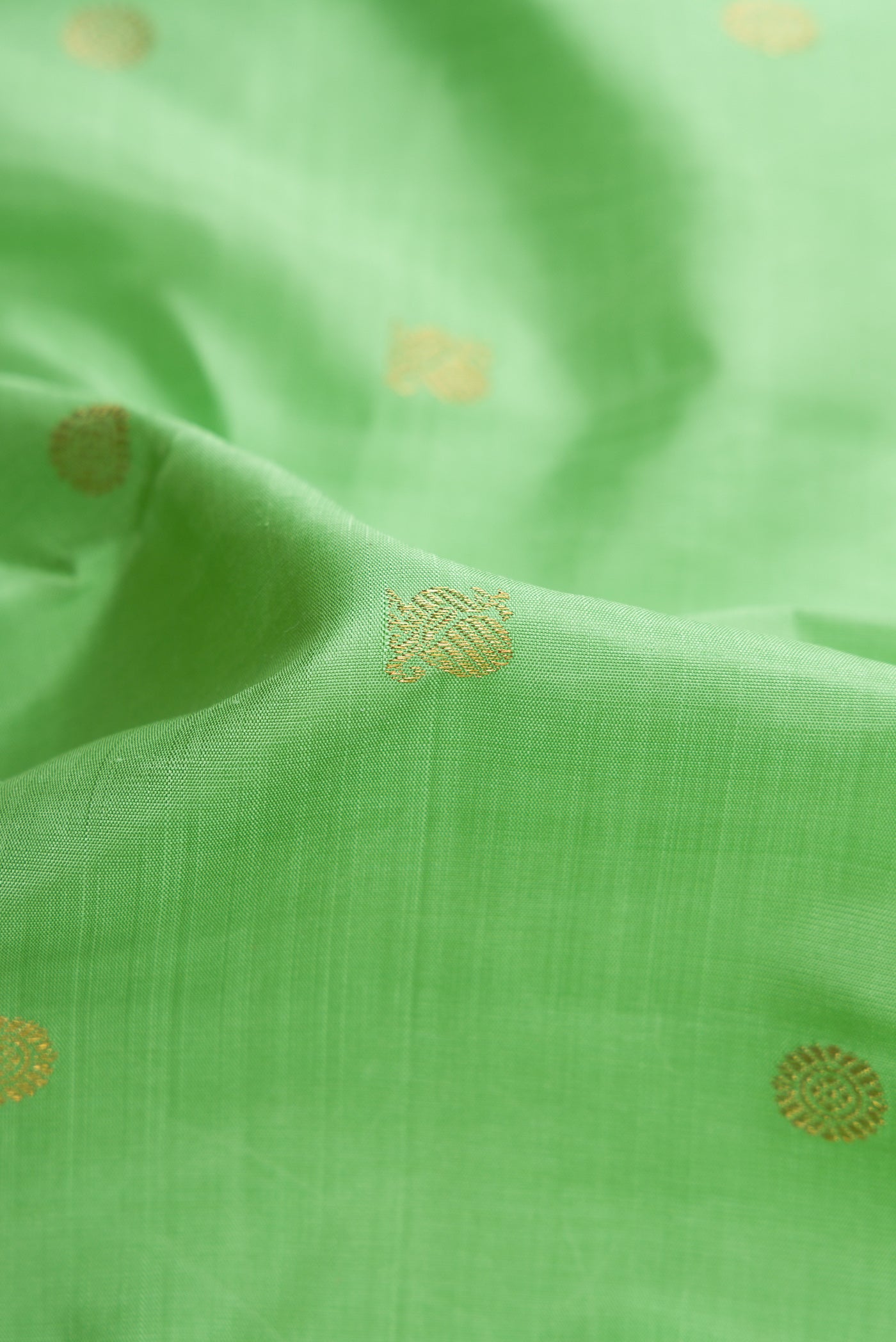 Close up of Light Green Dual Tone Kanjivaram Silk Saree with Zari Butta on the body and Zari Border.  displaying folds
