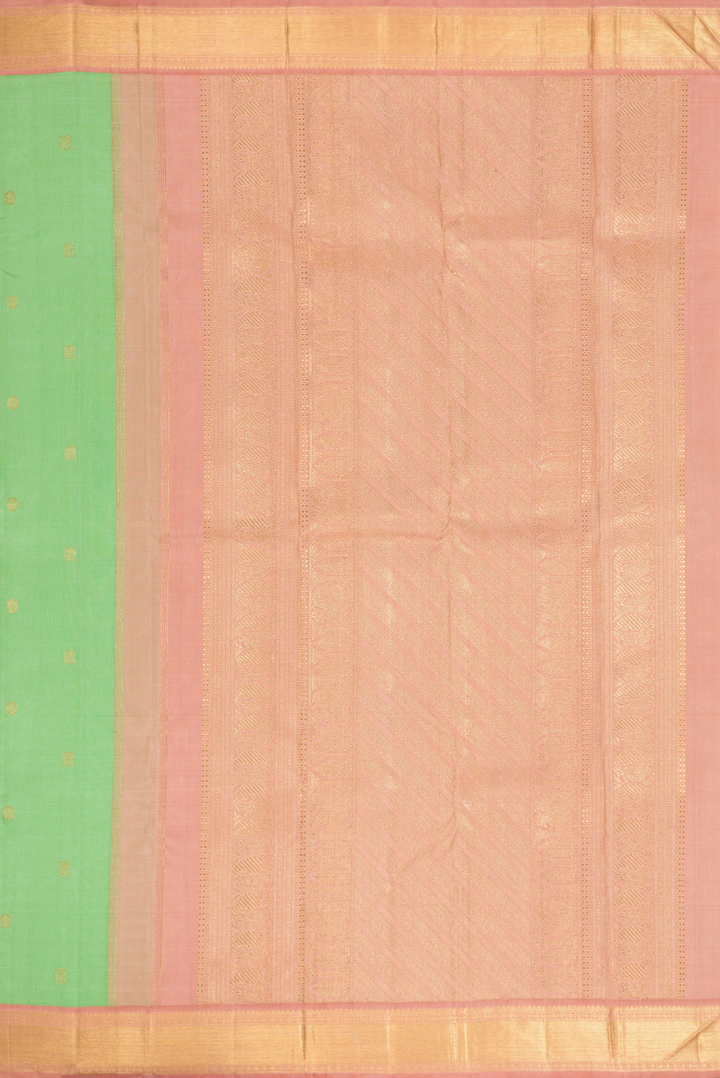 Close up image of the pallu of Light Green Dual Tone Kanjivaram Silk Saree with Zari Butta on the body and Zari Border. 