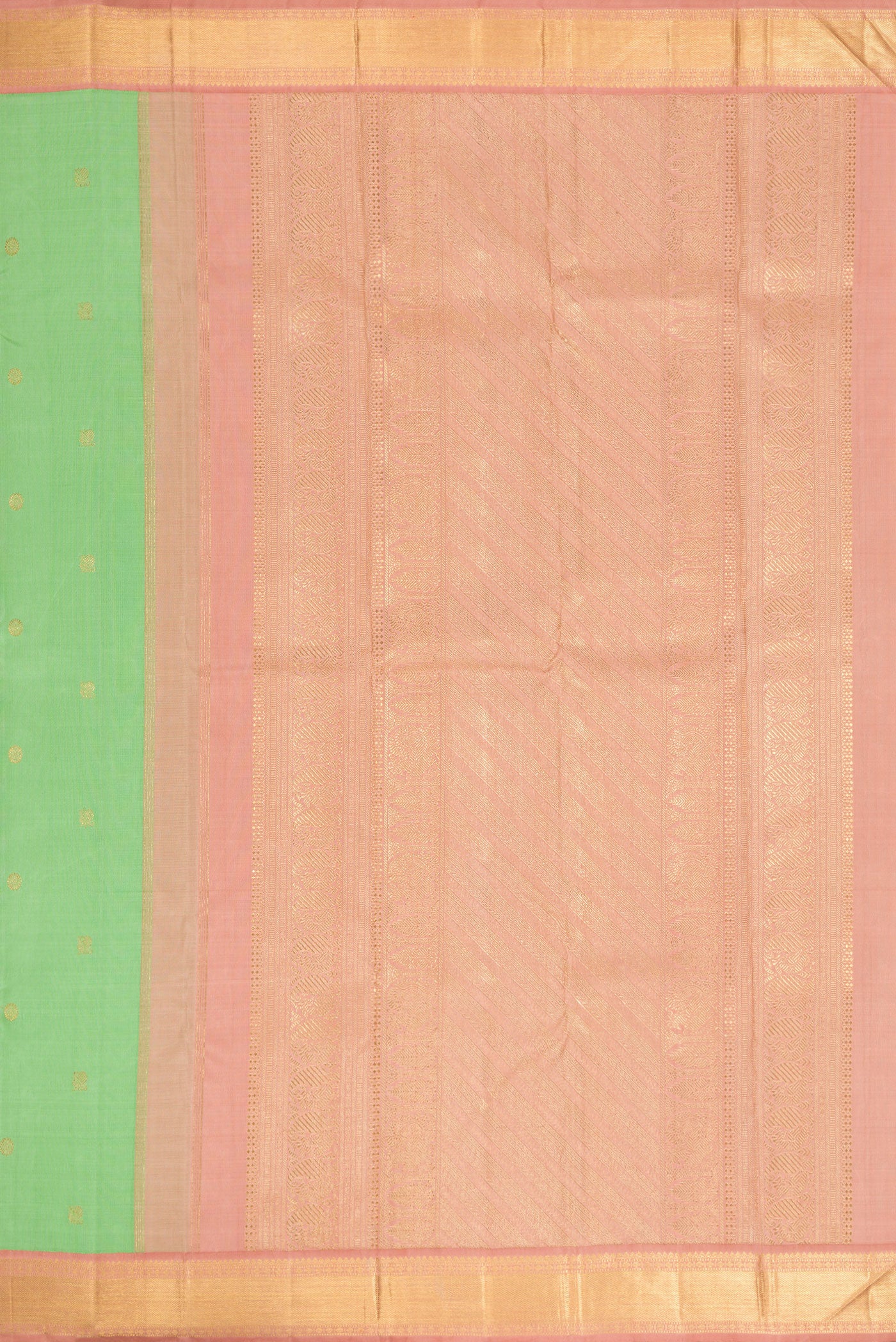 Close up image of the pallu of Light Green Dual Tone Kanjivaram Silk Saree with Zari Butta on the body and Zari Border. 